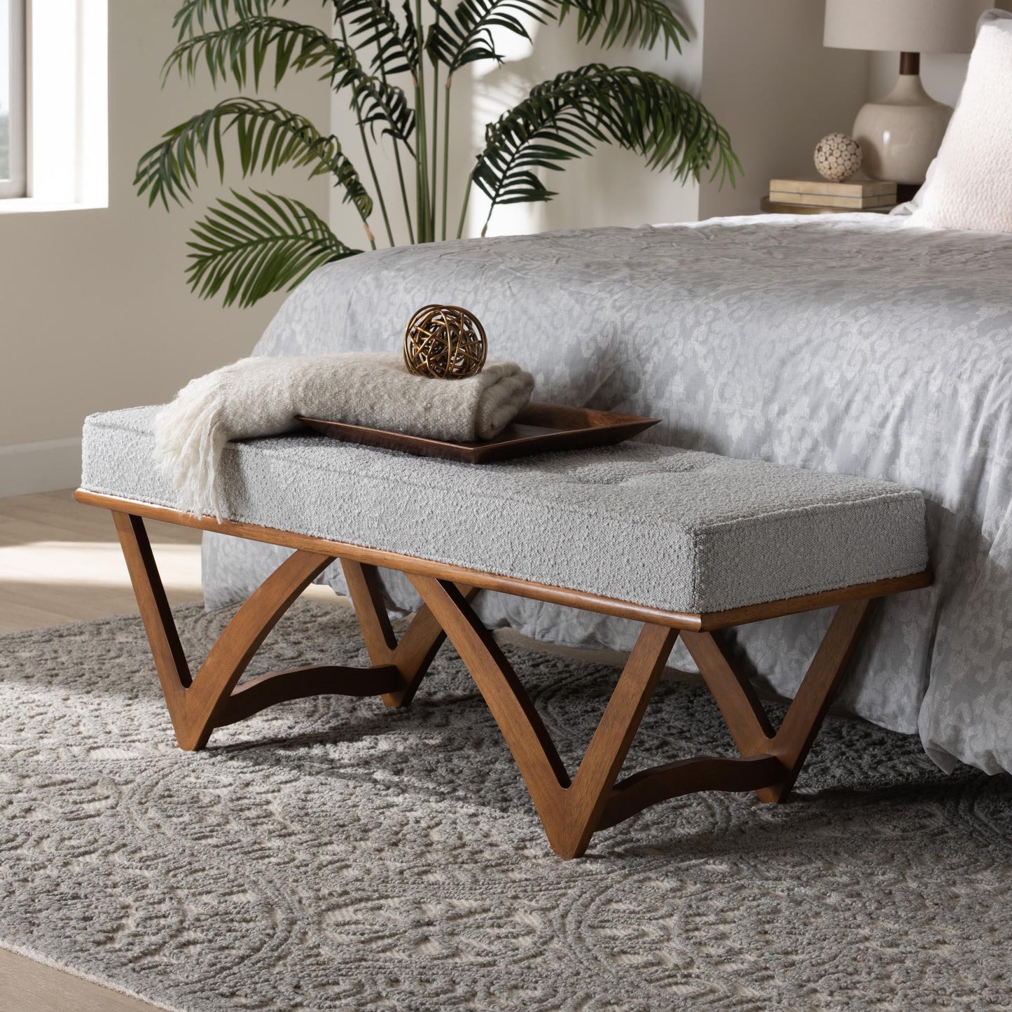Chenoa Japandi Light Grey Boucle Fabric and Walnut Brown Finished Wood Bench FredCo