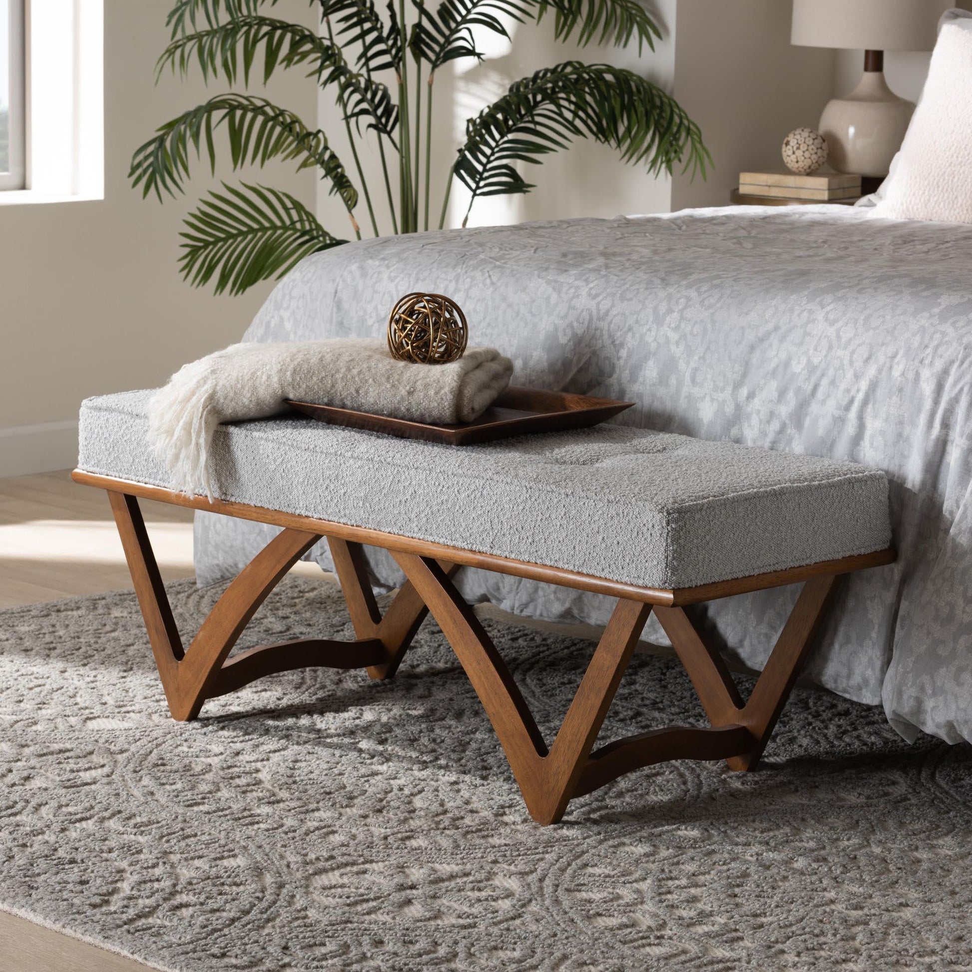 Chenoa Japandi Light Grey Boucle Fabric and Walnut Brown Finished Wood Bench FredCo