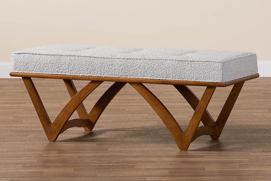 Chenoa Japandi Light Grey Boucle Fabric and Walnut Brown Finished Wood Bench FredCo