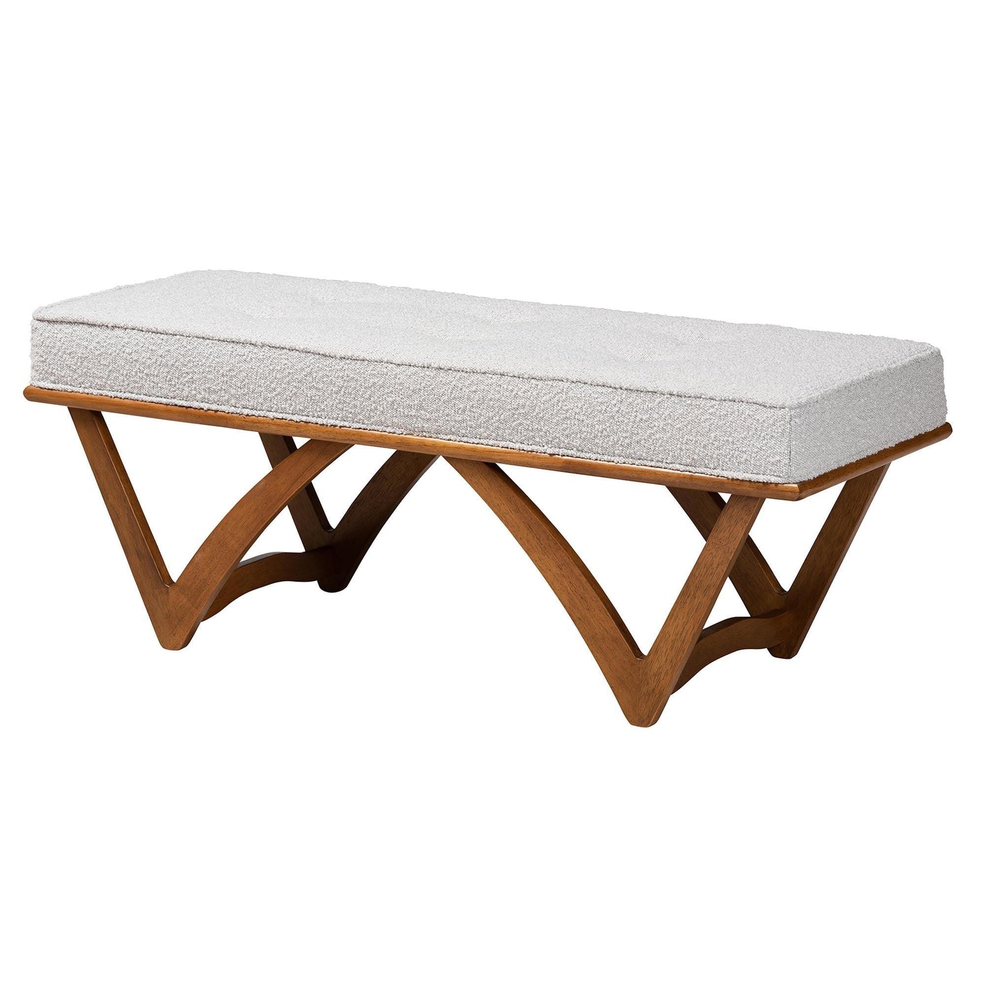 Chenoa Japandi Light Grey Boucle Fabric and Walnut Brown Finished Wood Bench FredCo
