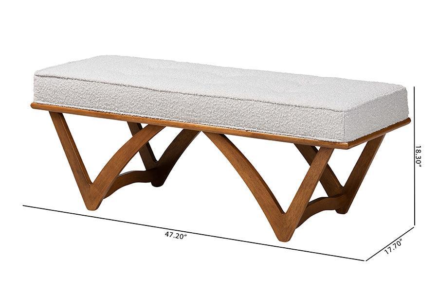 Chenoa Japandi Light Grey Boucle Fabric and Walnut Brown Finished Wood Bench FredCo
