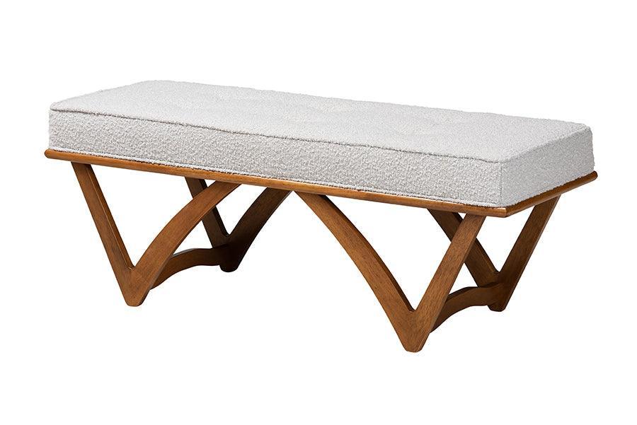 Chenoa Japandi Light Grey Boucle Fabric and Walnut Brown Finished Wood Bench FredCo