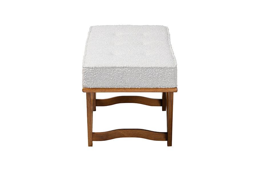 Chenoa Japandi Light Grey Boucle Fabric and Walnut Brown Finished Wood Bench FredCo