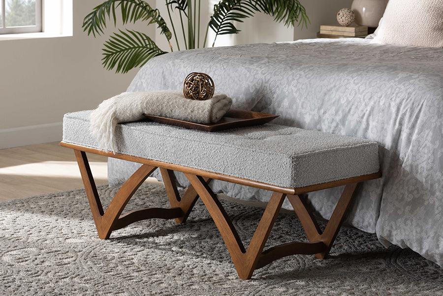 Chenoa Japandi Light Grey Boucle Fabric and Walnut Brown Finished Wood Bench FredCo
