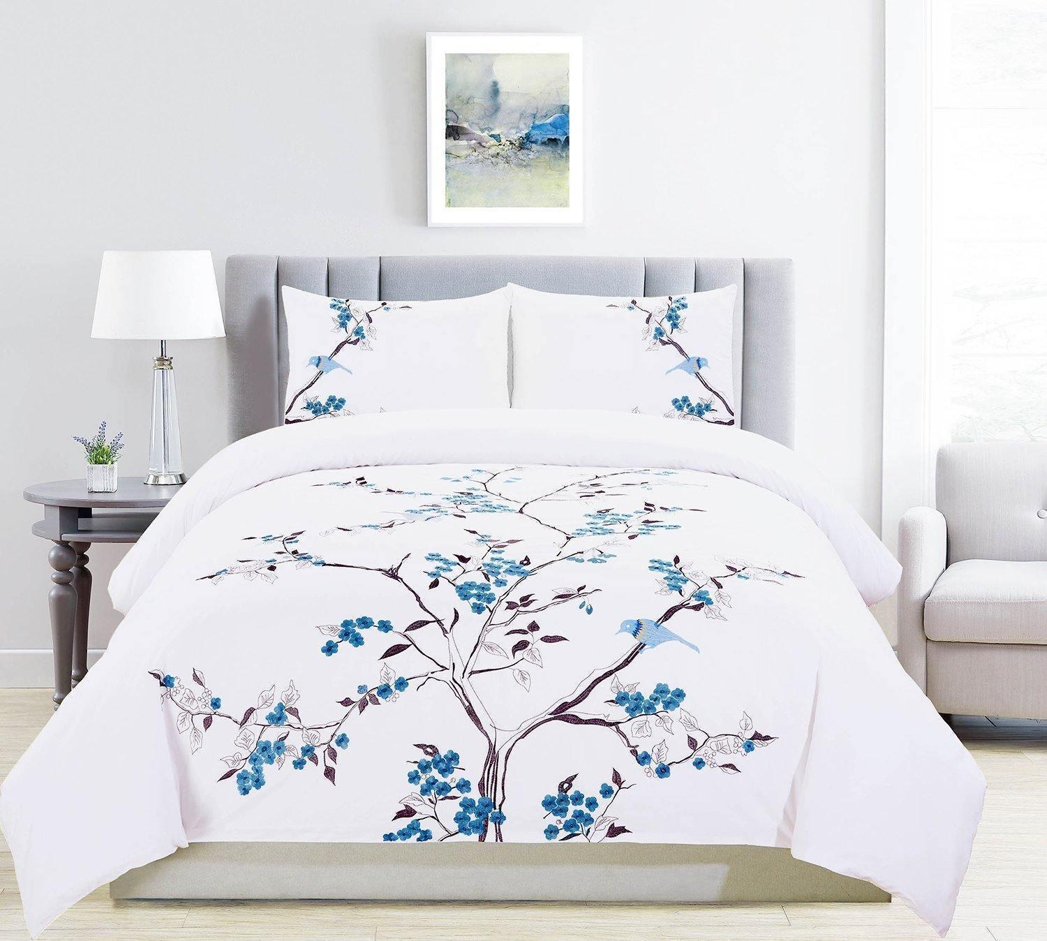 Cherry Garden 100% Cotton Embroidered Floral Bird Duvet Cover Set FredCo