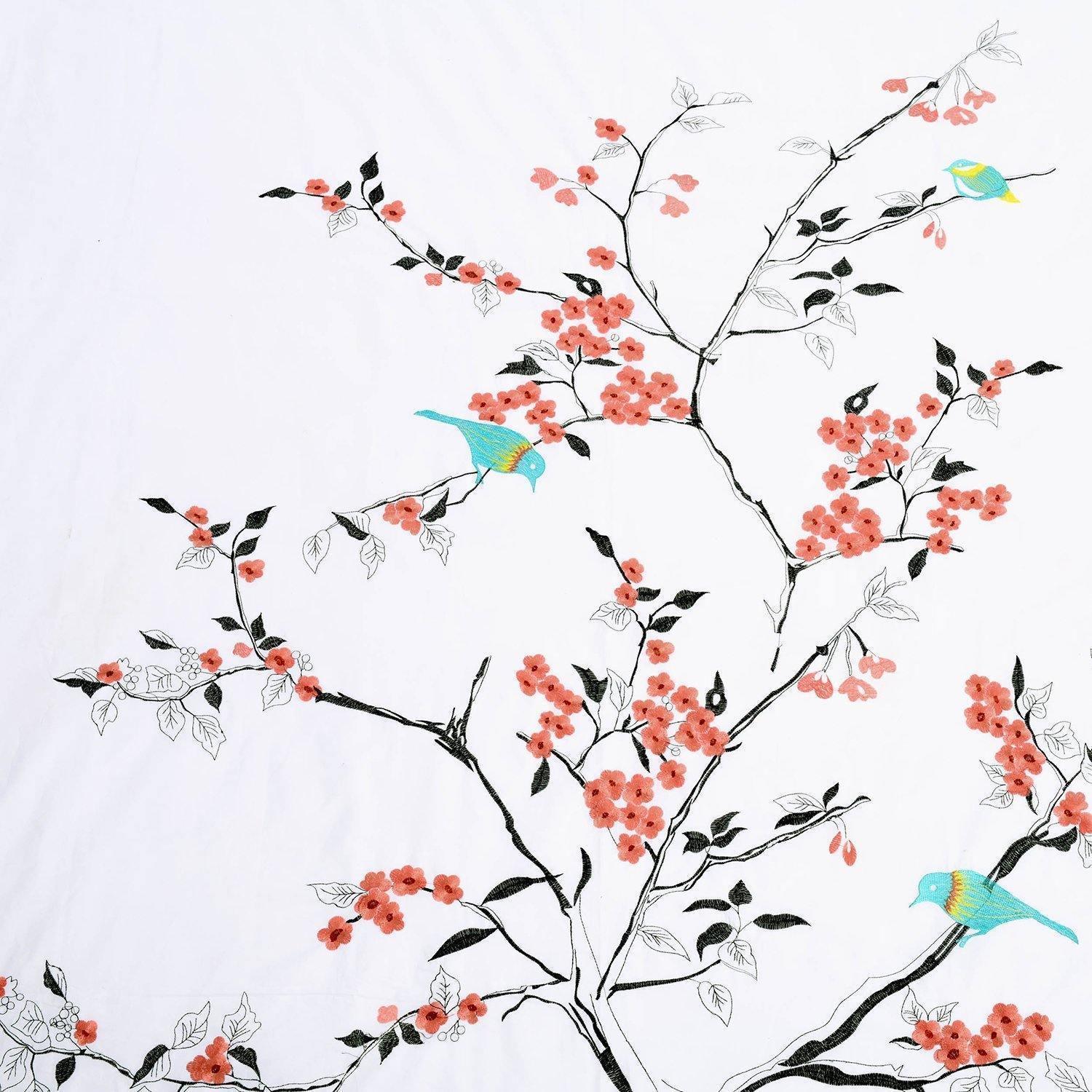 Cherry Garden 100% Cotton Embroidered Floral Bird Duvet Cover Set FredCo