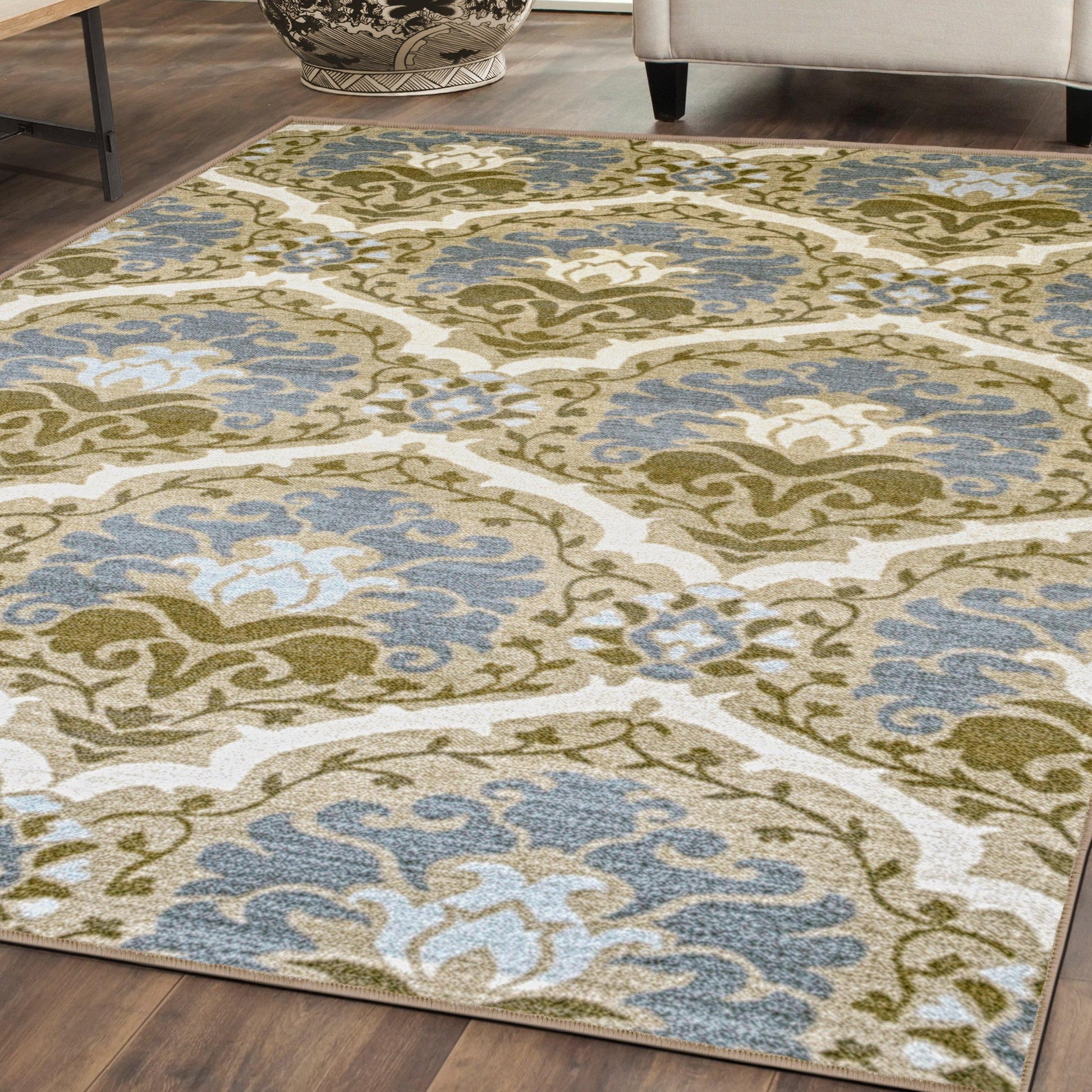 Chloe Non-Slip Nylon Foldable Modern Floral Damask Rug FredCo