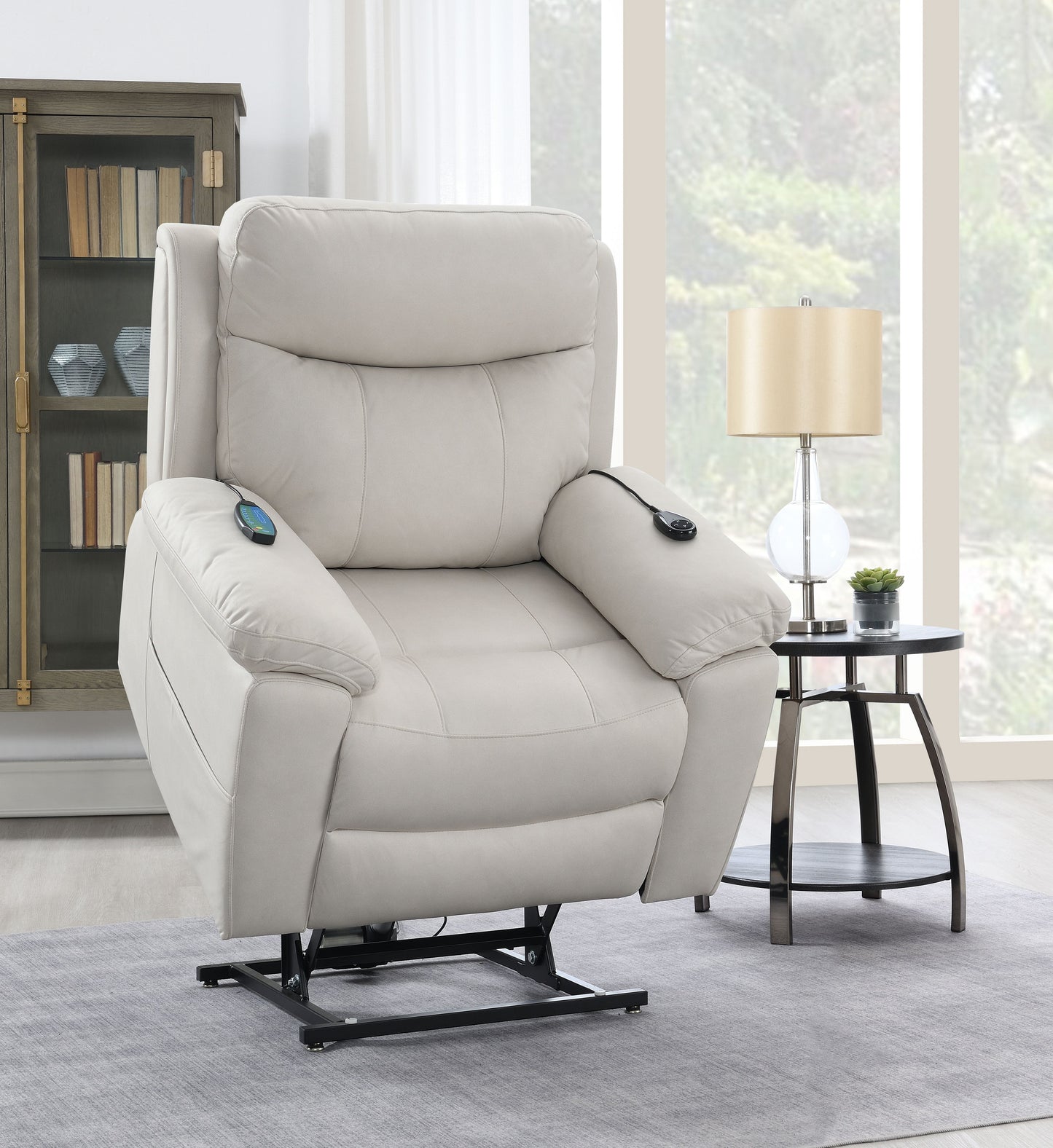 Chriki Beige Polished Microfiber Power Motion Recliner with Lift, Heating & Massage Chair FredCo