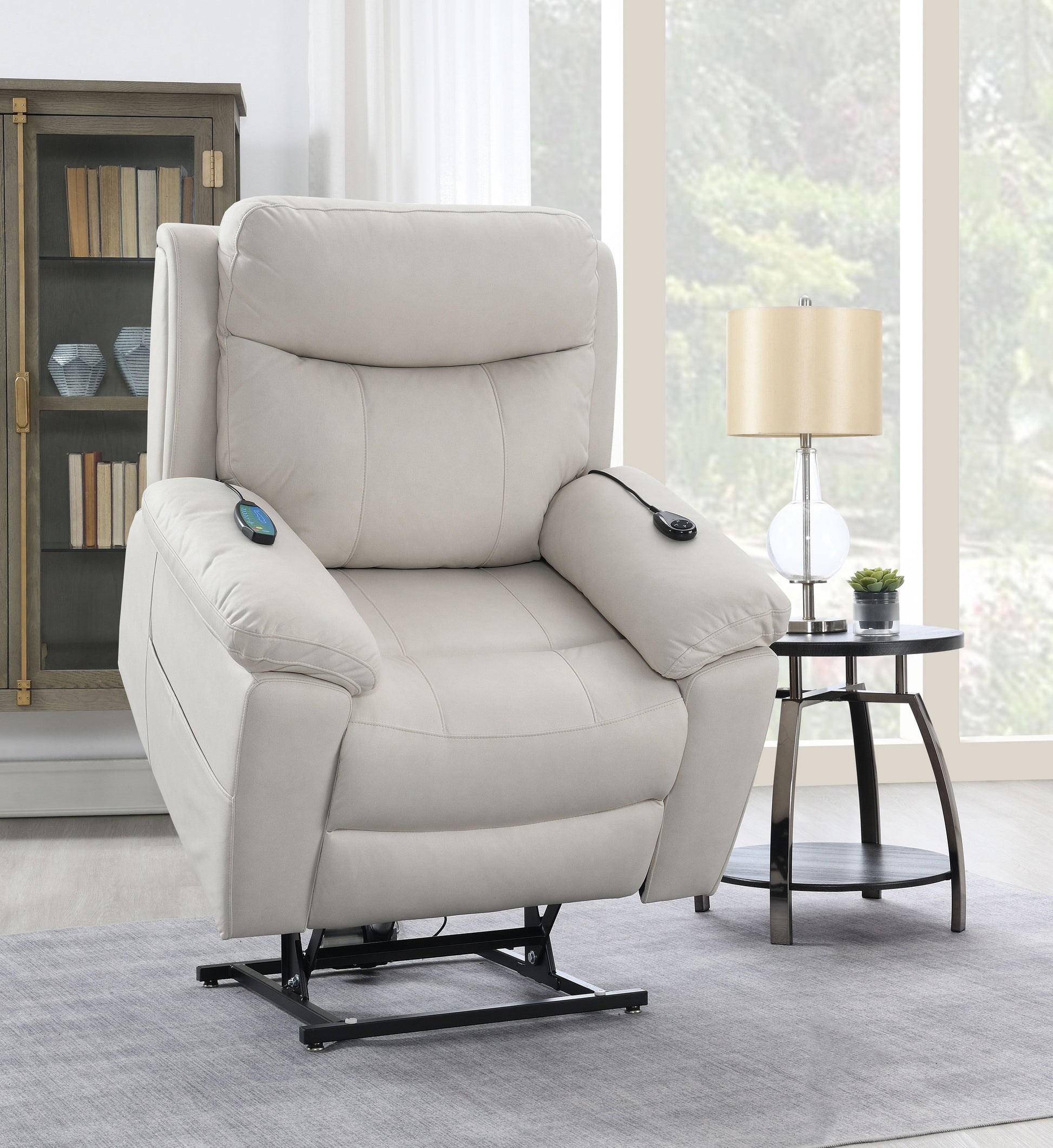 Chriki Beige Polished Microfiber Power Motion Recliner with Lift, Heating & Massage Chair FredCo