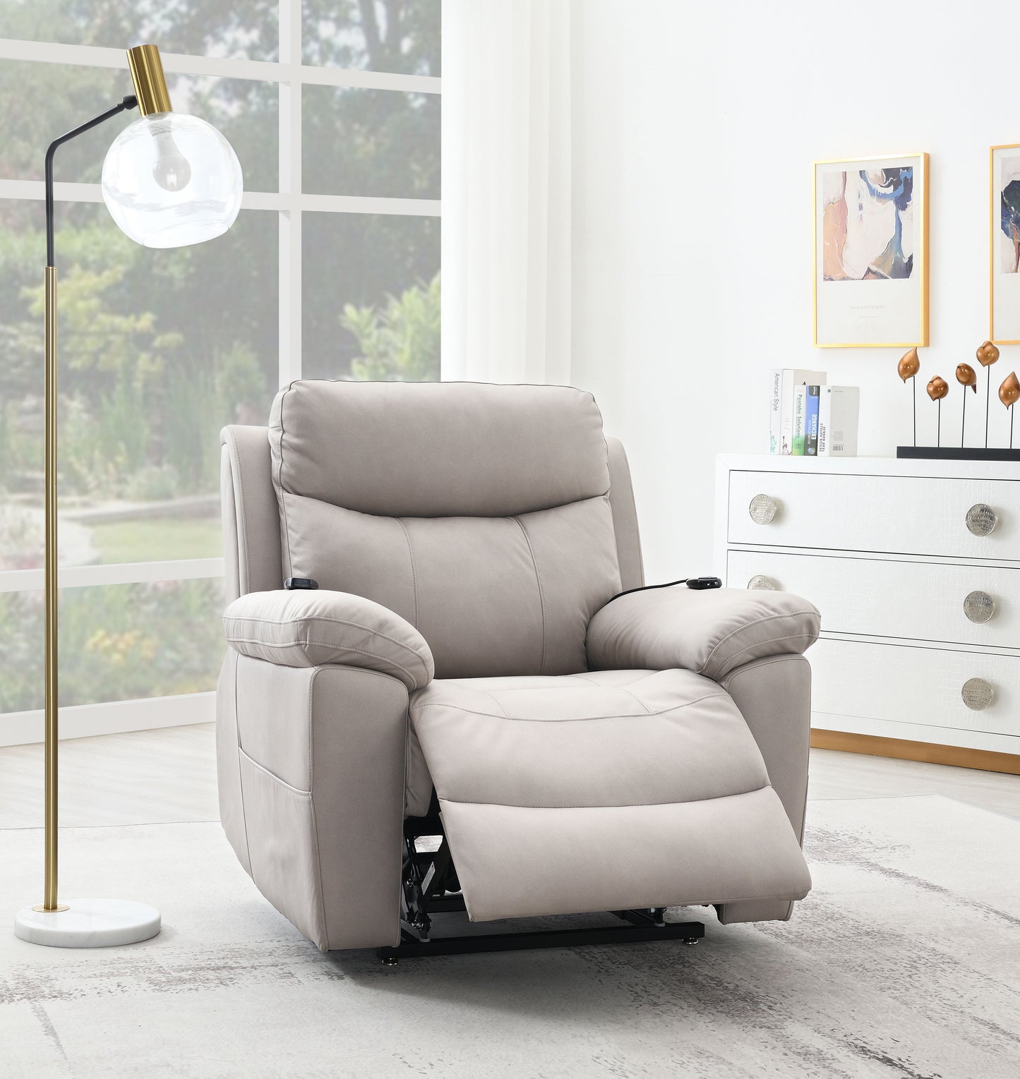 Chriki Light Gray Polished Microfiber Power Motion Recliner with Lift, Heating & Massage Chair FredCo