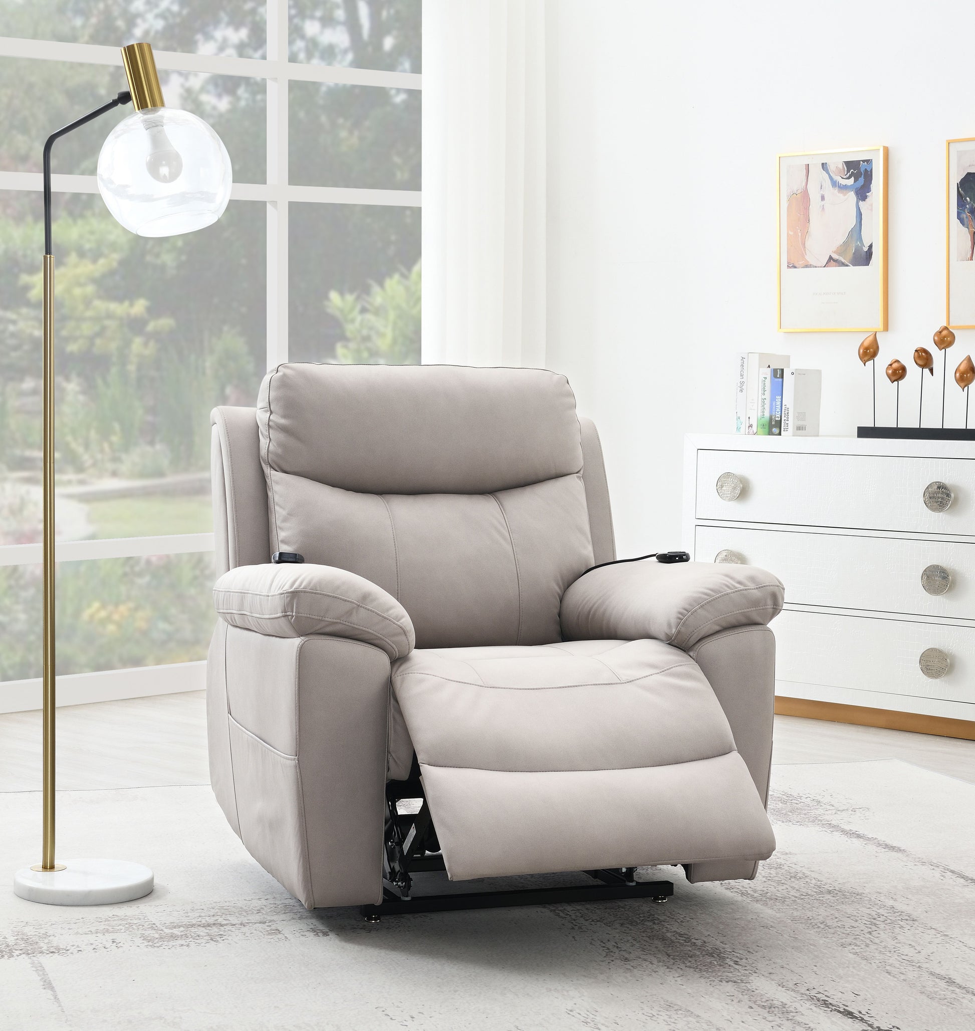 Chriki Light Gray Polished Microfiber Power Motion Recliner with Lift, Heating & Massage Chair FredCo