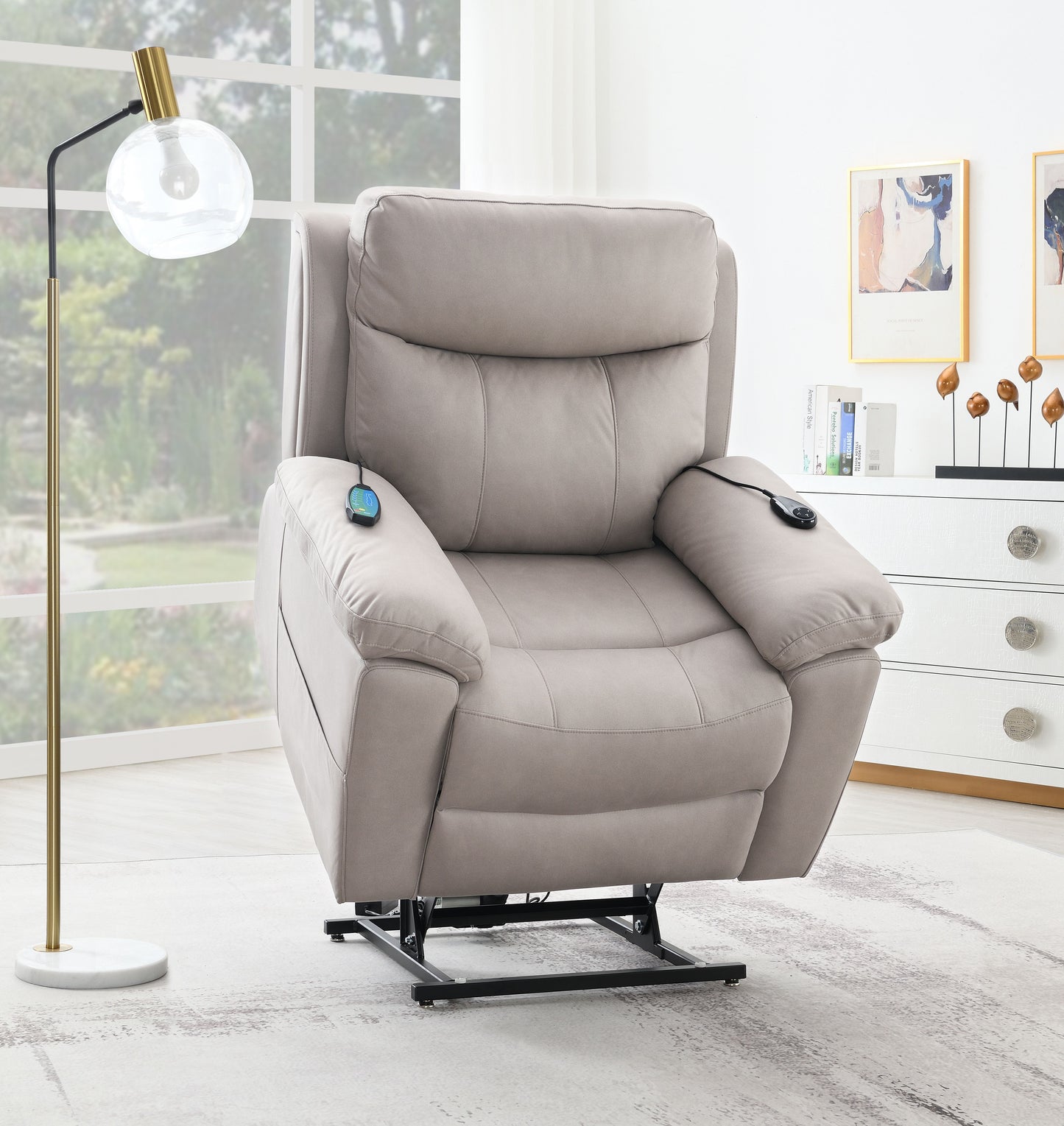 Chriki Light Gray Polished Microfiber Power Motion Recliner with Lift, Heating & Massage Chair FredCo