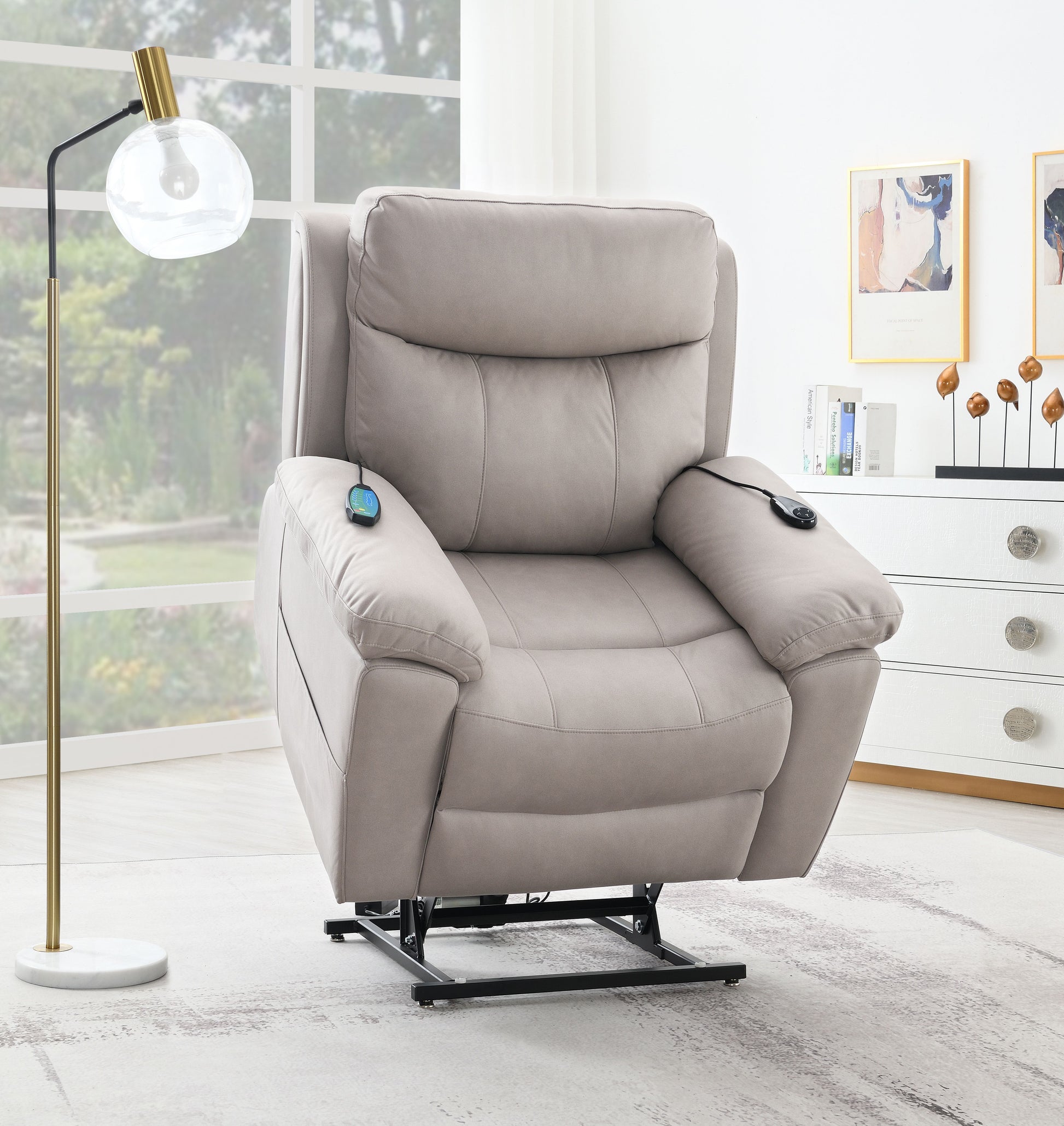 Chriki Light Gray Polished Microfiber Power Motion Recliner with Lift, Heating & Massage Chair FredCo