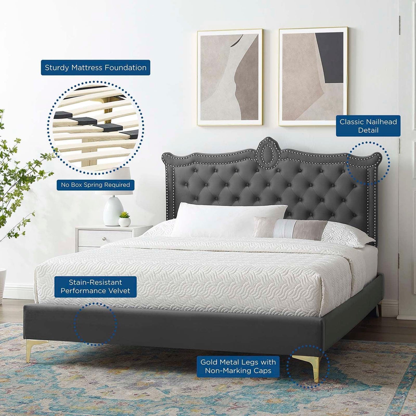 Clara Performance Velvet Queen Platform Bed, MOD-6592 FredCo