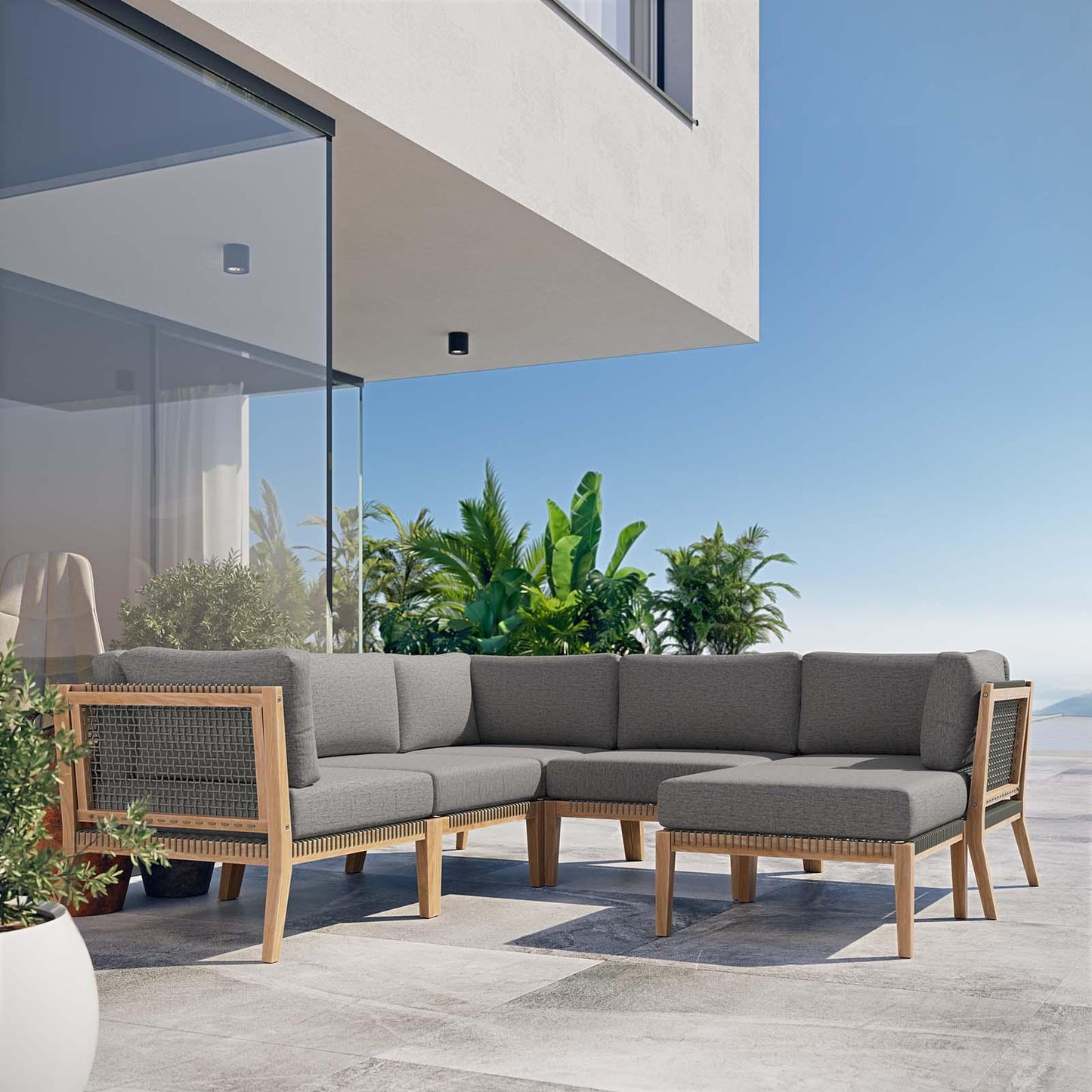 Clearwater Outdoor Patio Teak Wood 6-Piece Sectional Sofa, EEI-6124 FredCo