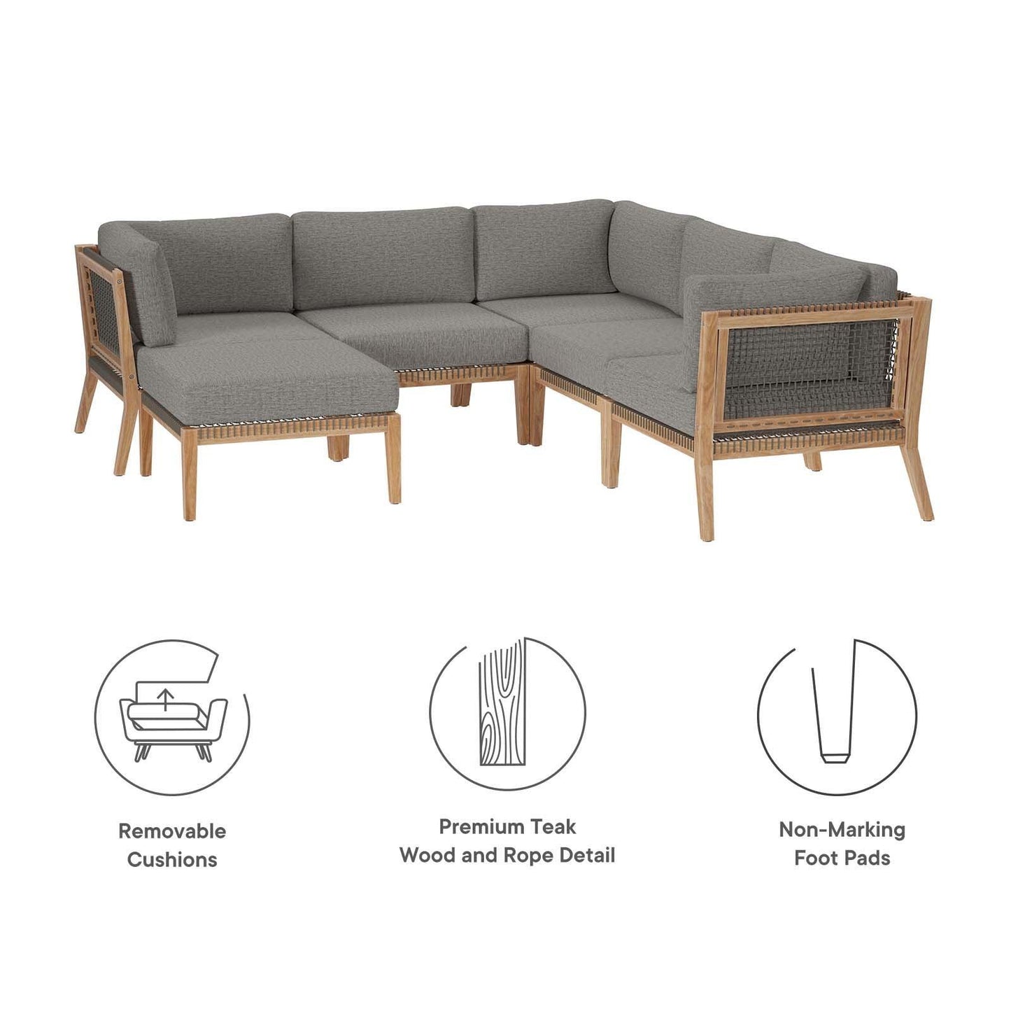 Clearwater Outdoor Patio Teak Wood 6-Piece Sectional Sofa, EEI-6124 FredCo
