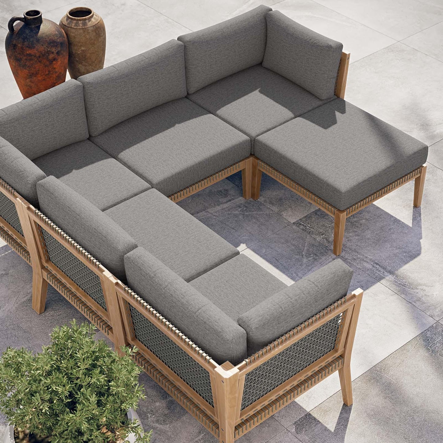 Clearwater Outdoor Patio Teak Wood 6-Piece Sectional Sofa, EEI-6124 FredCo