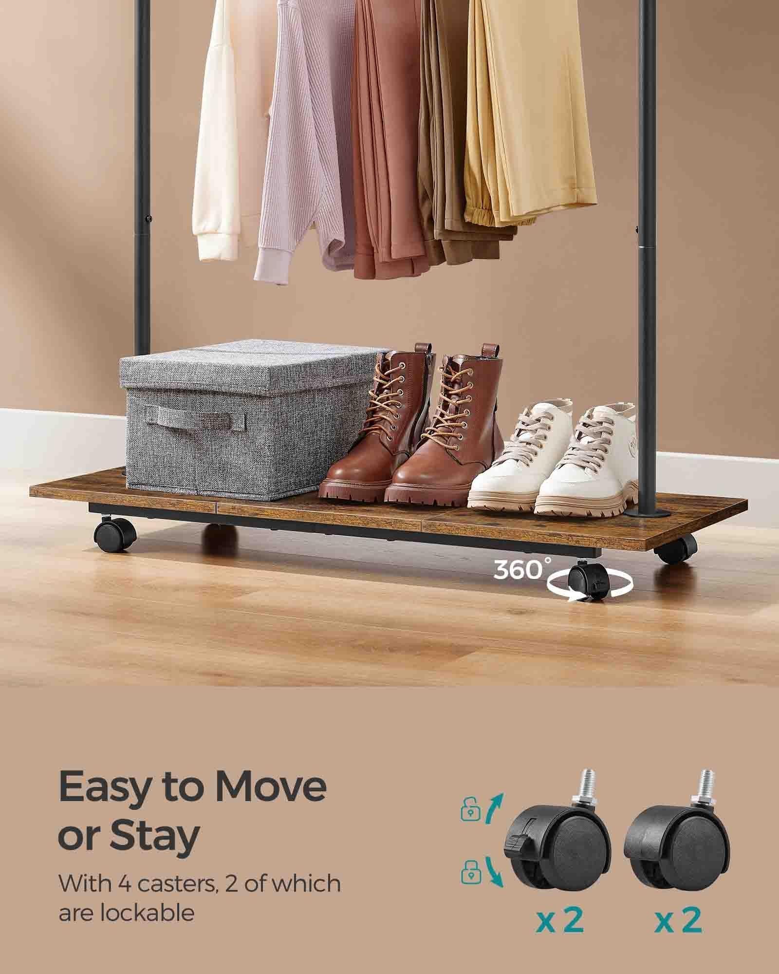 Clothes Rack with Wheels and Middle Rod Rustic Brown and Ink Black FredCo