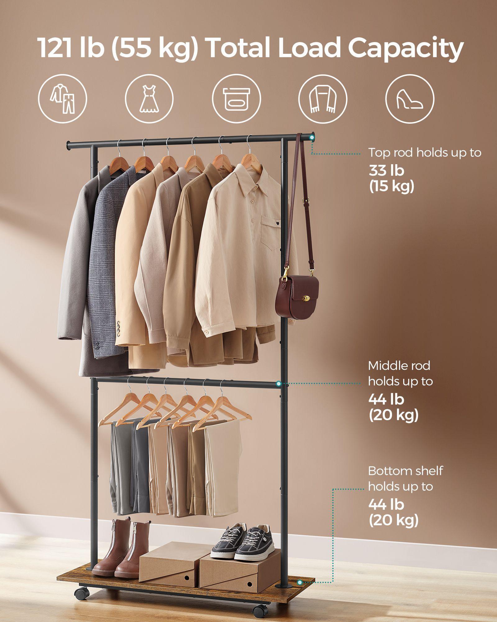 Clothes Rack with Wheels and Middle Rod Rustic Brown and Ink Black FredCo