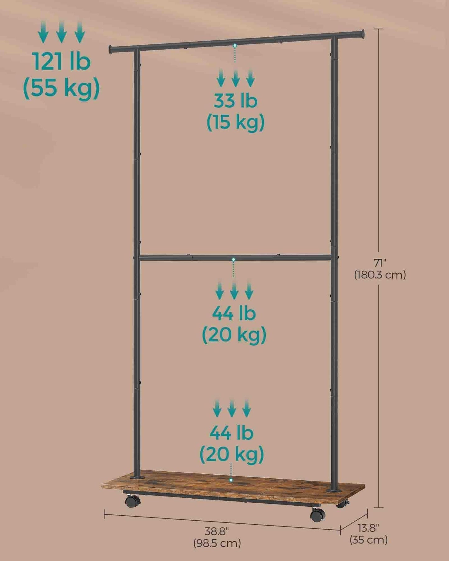 Clothes Rack with Wheels and Middle Rod Rustic Brown and Ink Black FredCo