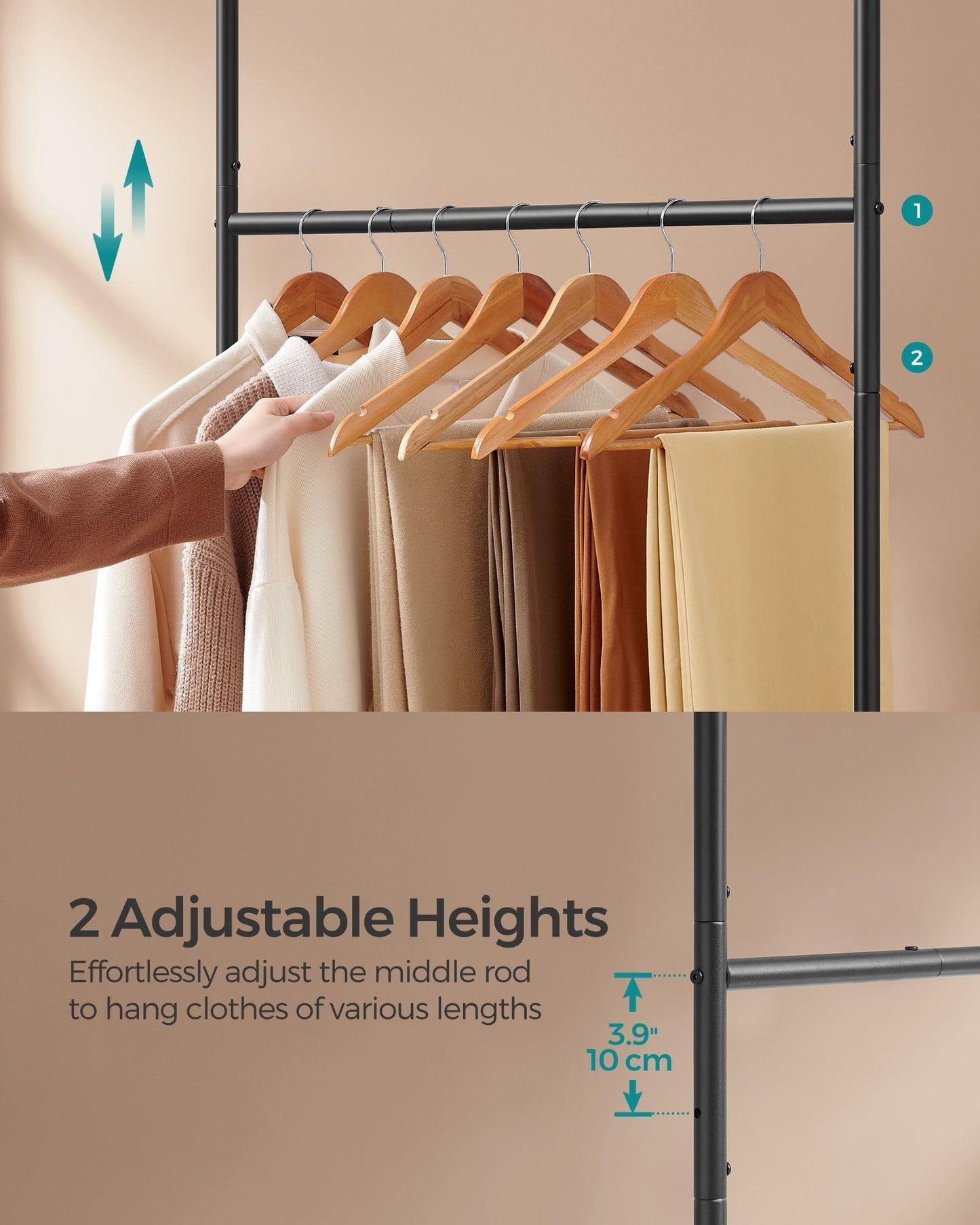 Clothes Rack with Wheels and Middle Rod Rustic Brown and Ink Black FredCo