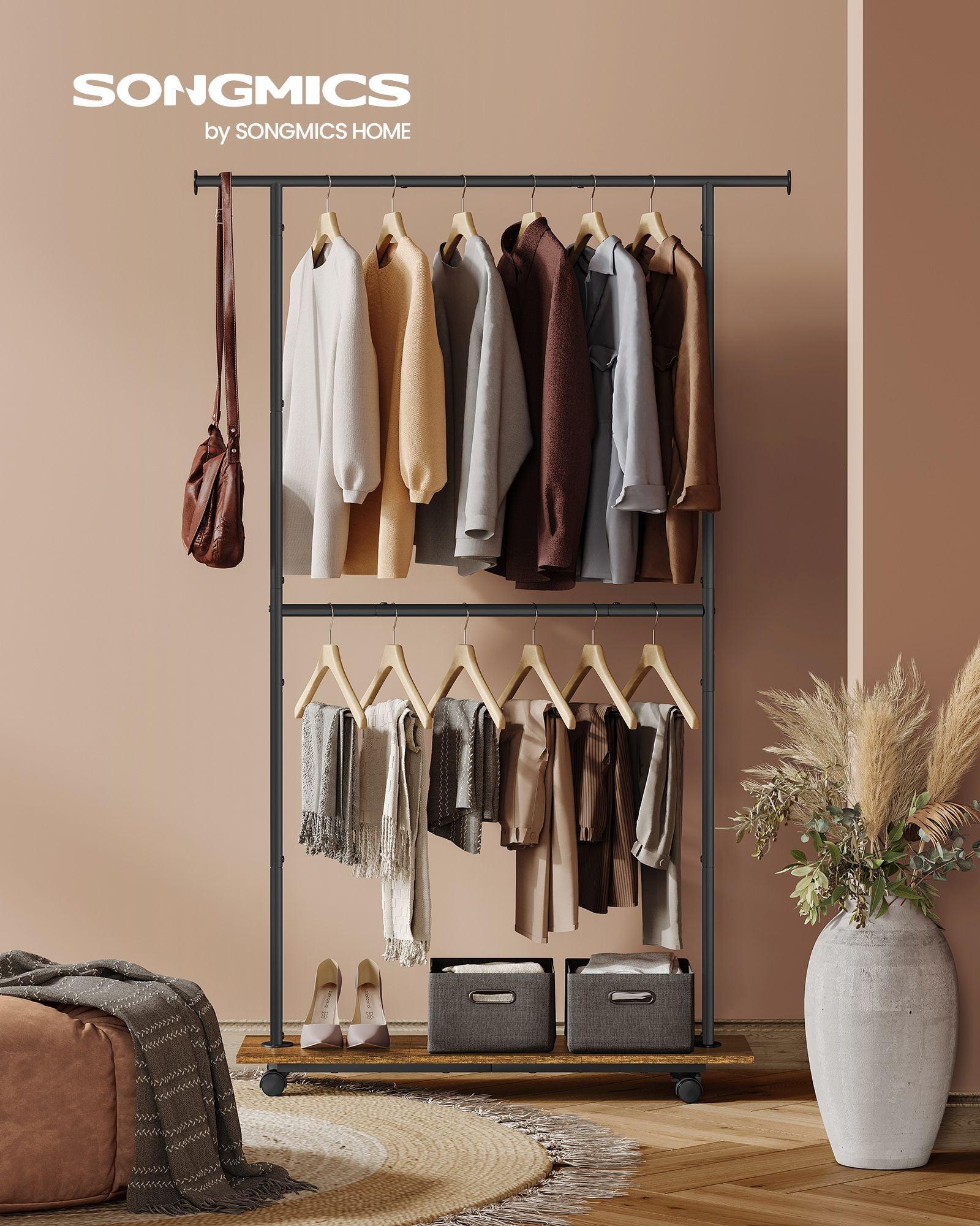 Clothes Rack with Wheels and Middle Rod Rustic Brown and Ink Black FredCo