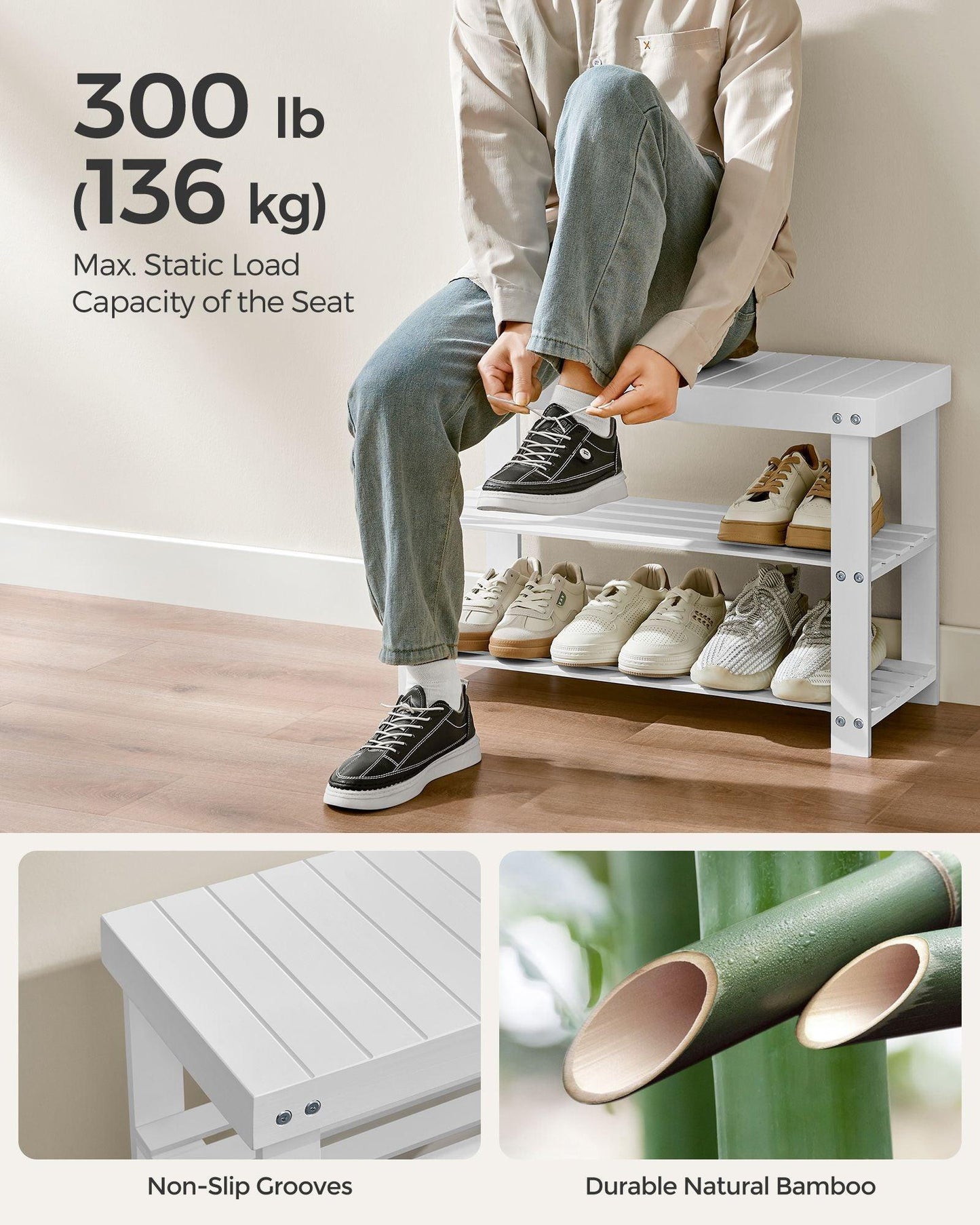 Coat Rack and 3-Tier Bamboo Shoe Bench Set Cloud White FredCo