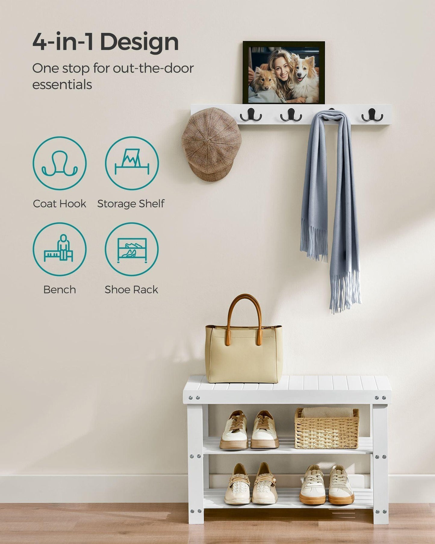 Coat Rack and 3-Tier Bamboo Shoe Bench Set Cloud White FredCo