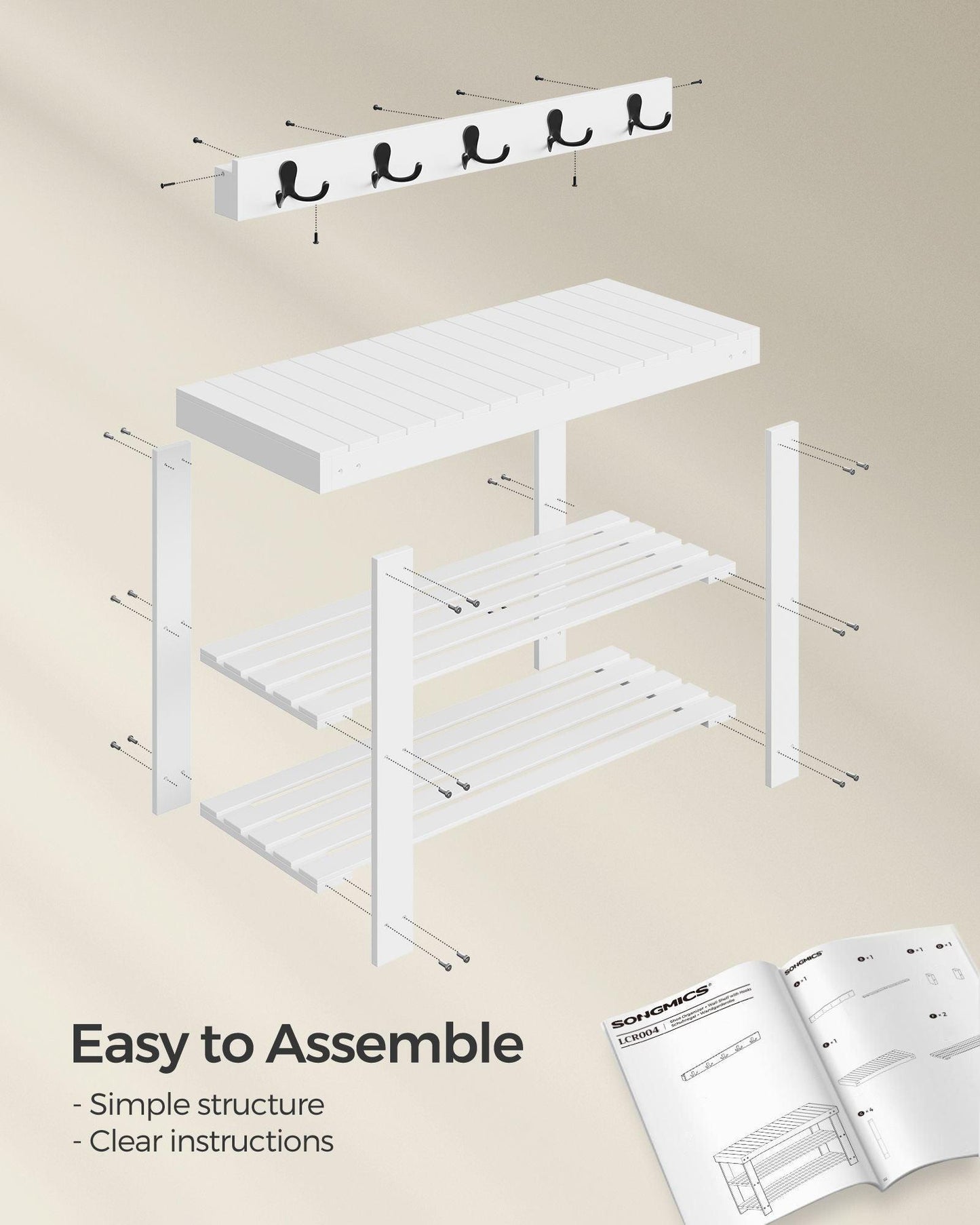Coat Rack and 3-Tier Bamboo Shoe Bench Set Cloud White FredCo