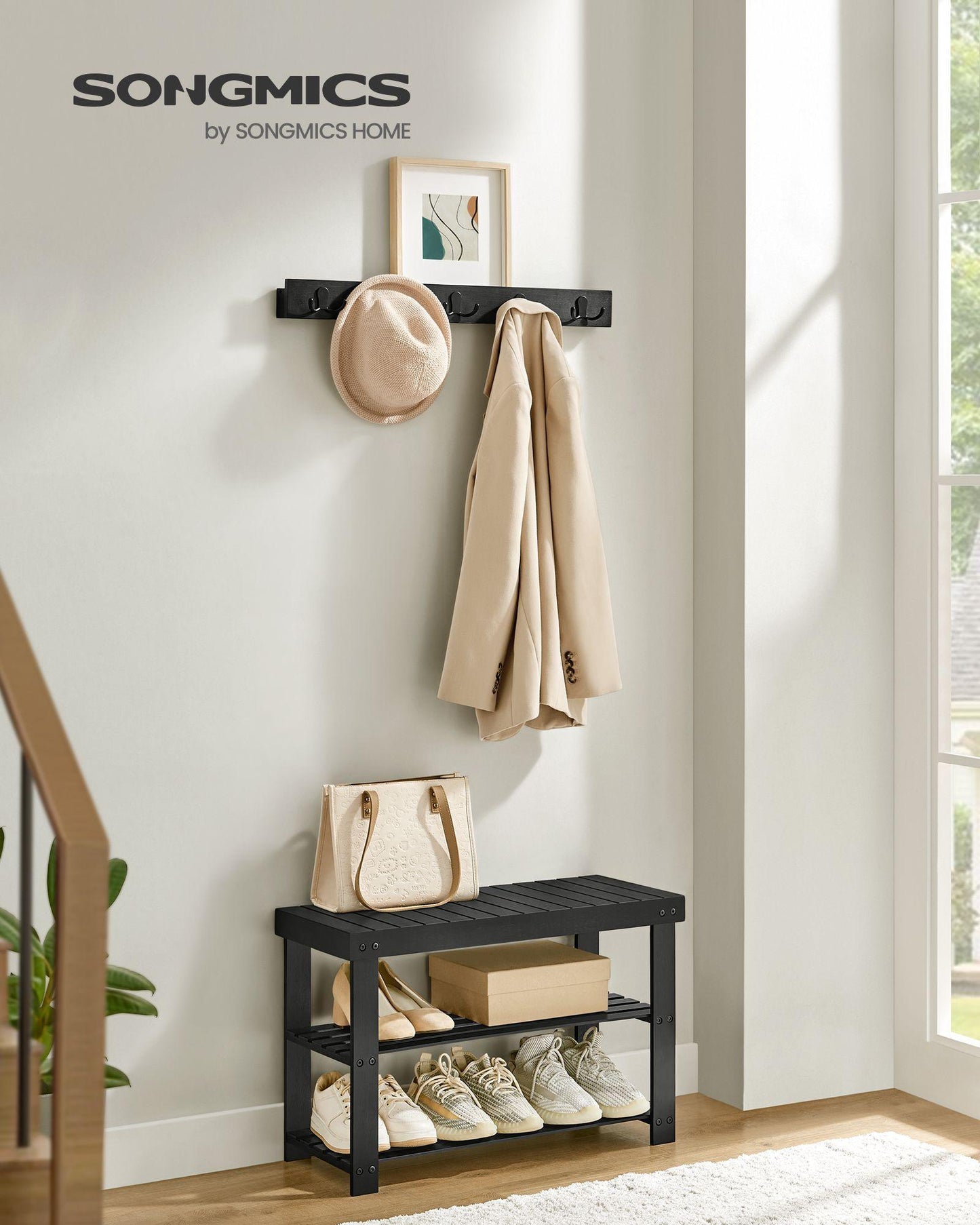 Coat Rack and 3-Tier Bamboo Shoe Bench Set Ink Black FredCo