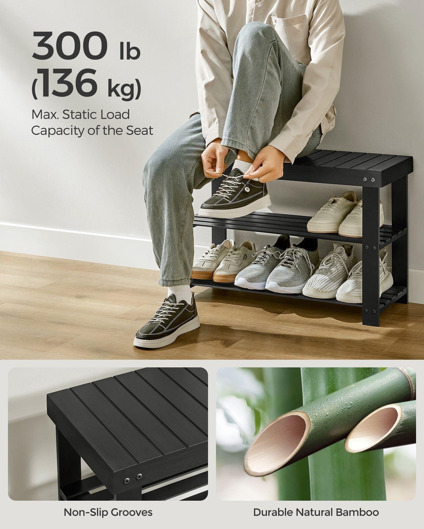 Coat Rack and 3-Tier Bamboo Shoe Bench Set Ink Black FredCo