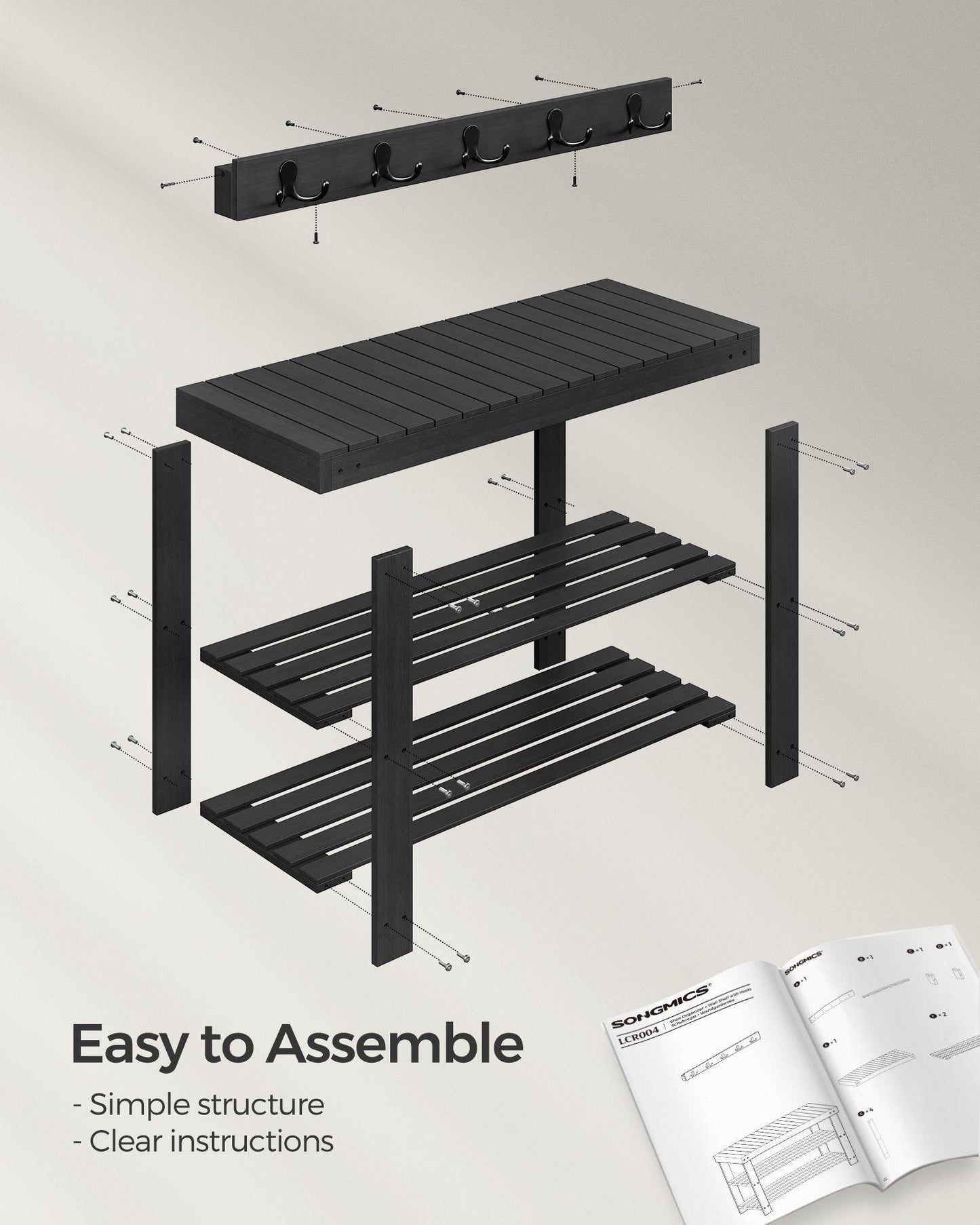 Coat Rack and 3-Tier Bamboo Shoe Bench Set Ink Black FredCo