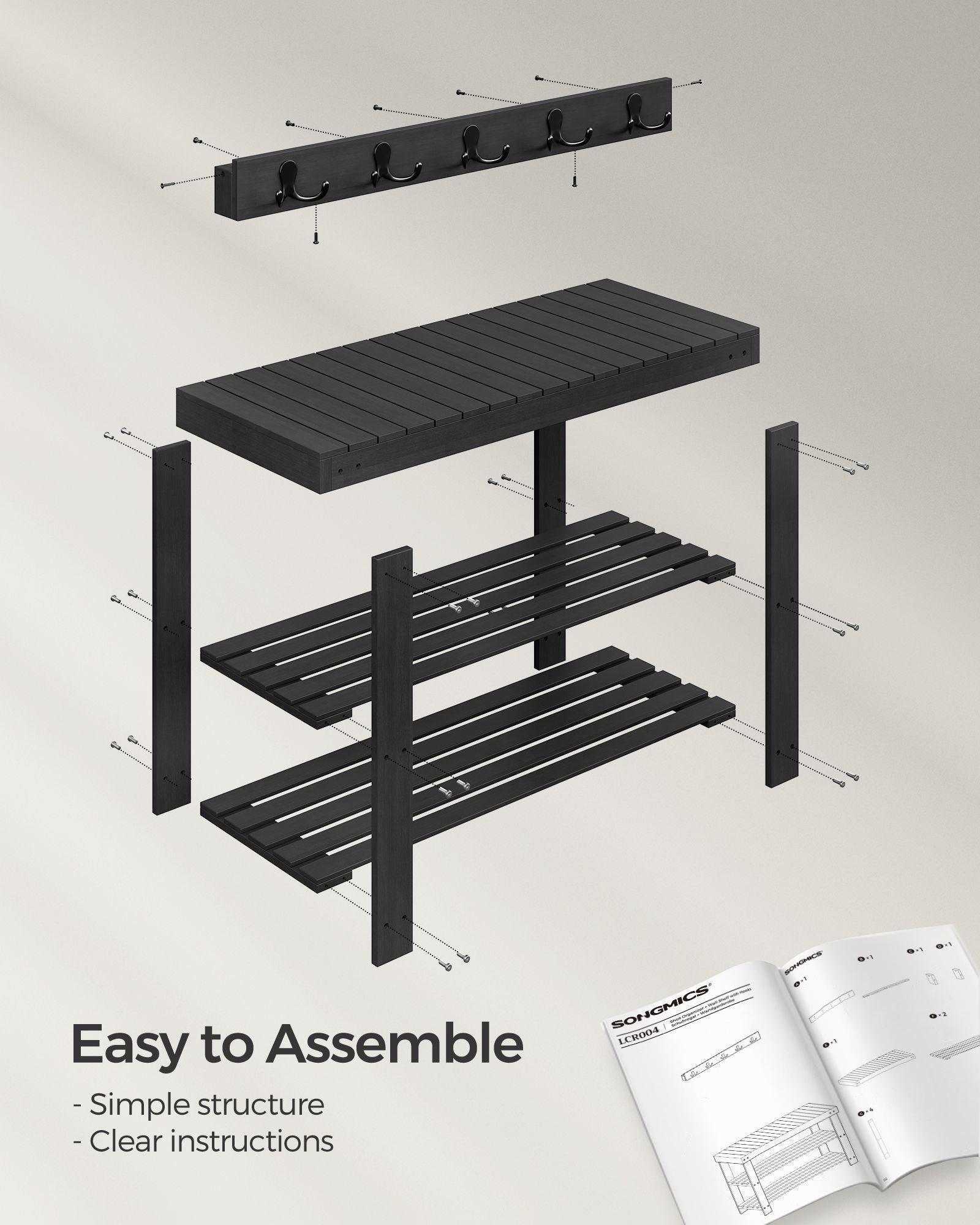 Coat Rack and 3-Tier Bamboo Shoe Bench Set Ink Black FredCo