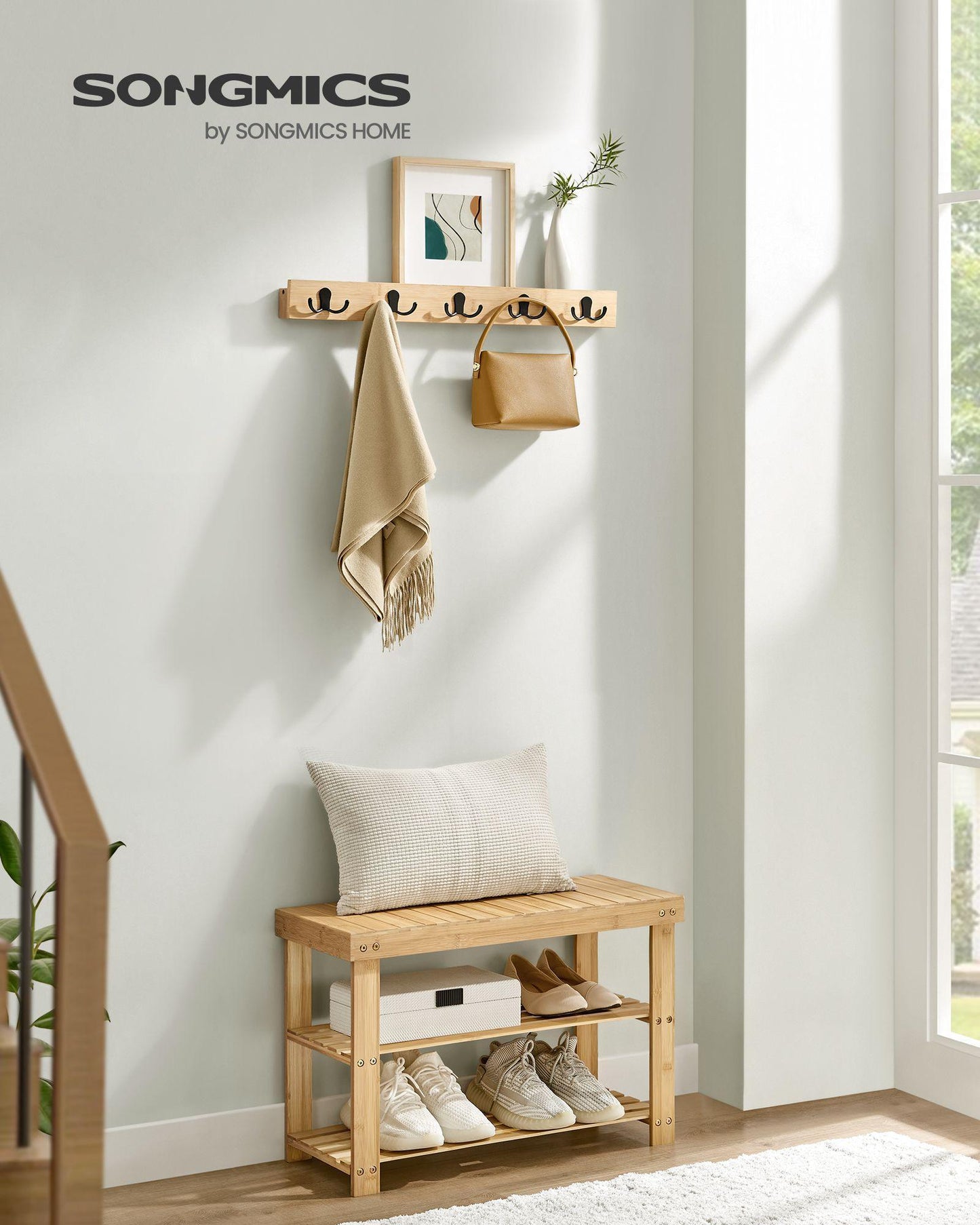 Coat Rack and 3-Tier Bamboo Shoe Bench Set Natural Beige FredCo