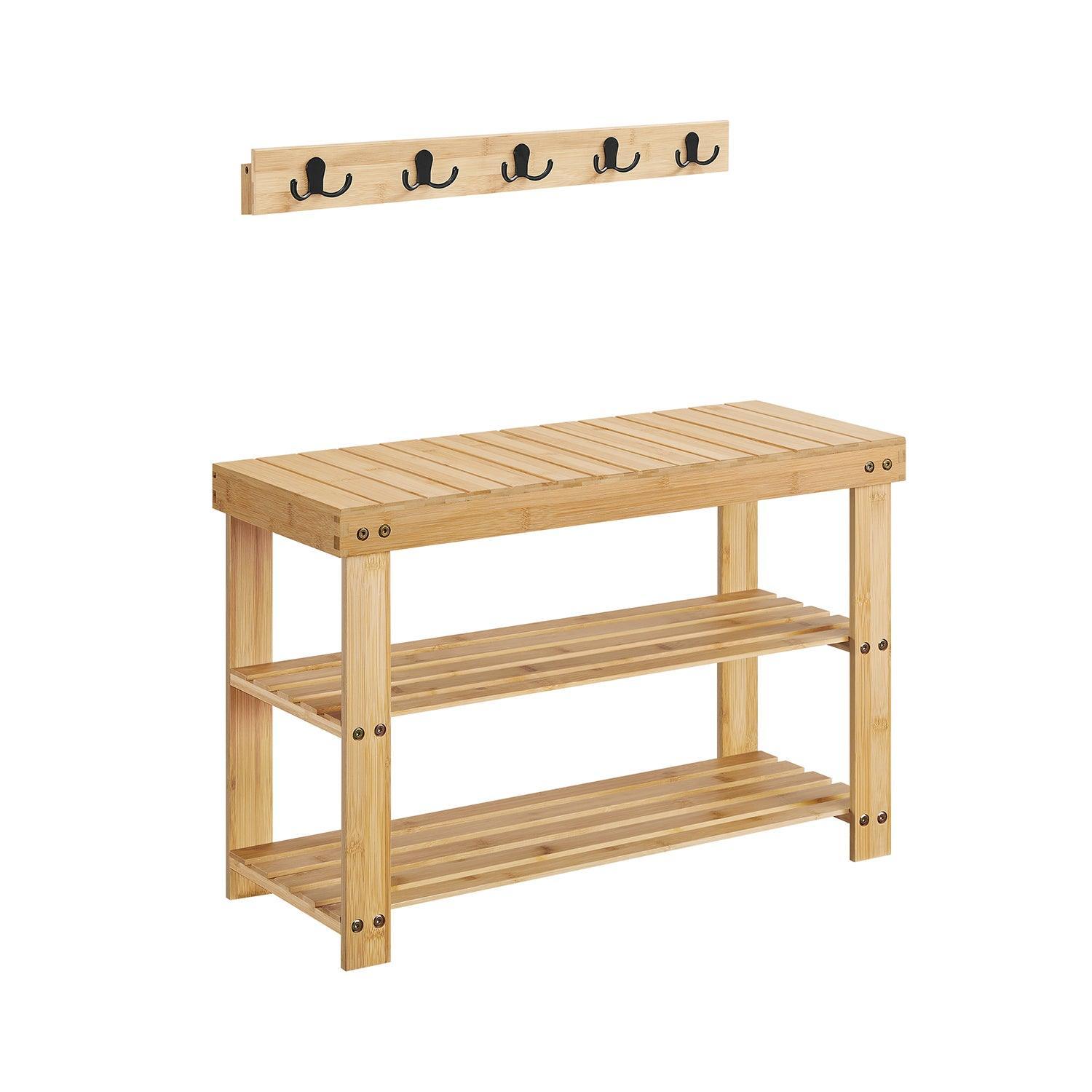 Coat Rack and 3-Tier Bamboo Shoe Bench Set Natural Beige FredCo
