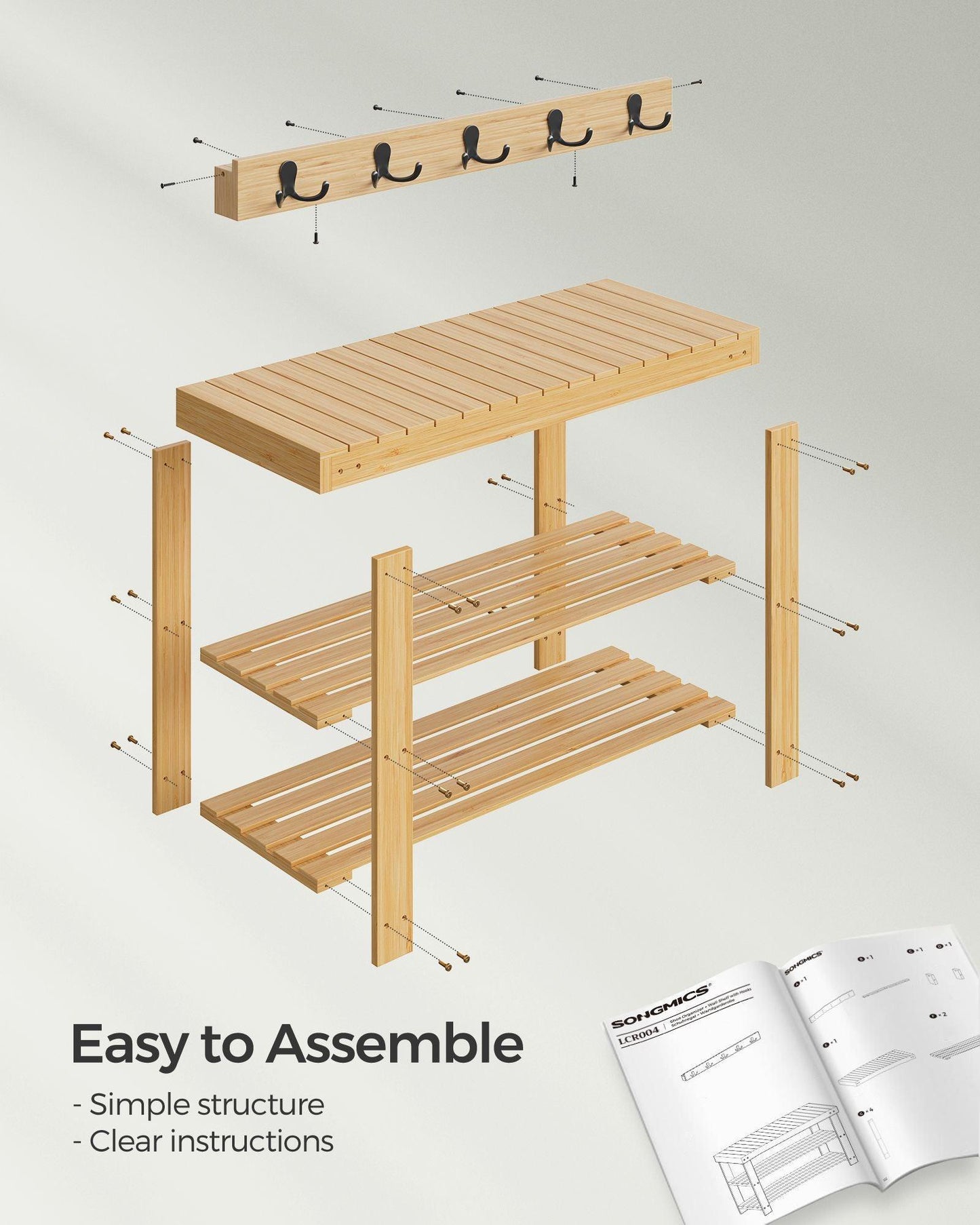 Coat Rack and 3-Tier Bamboo Shoe Bench Set Natural Beige FredCo