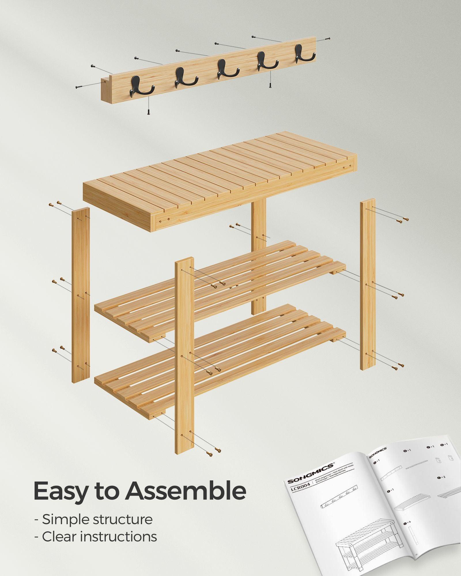 Coat Rack and 3-Tier Bamboo Shoe Bench Set Natural Beige FredCo