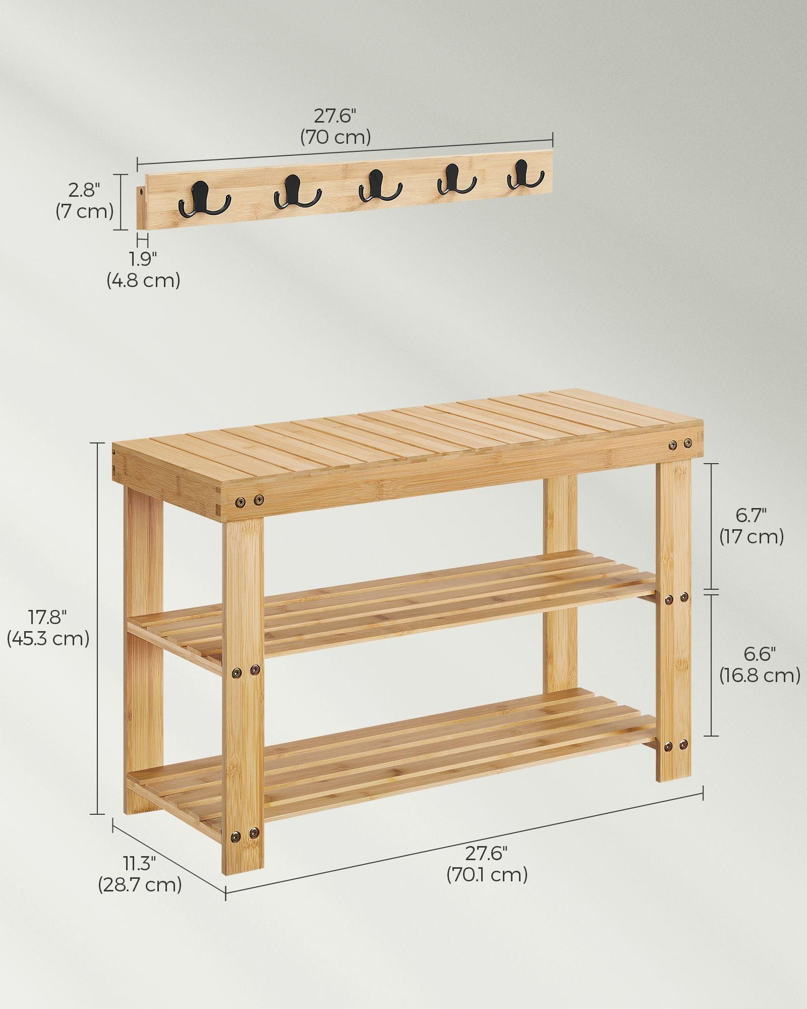 Coat Rack and 3-Tier Bamboo Shoe Bench Set Natural Beige FredCo