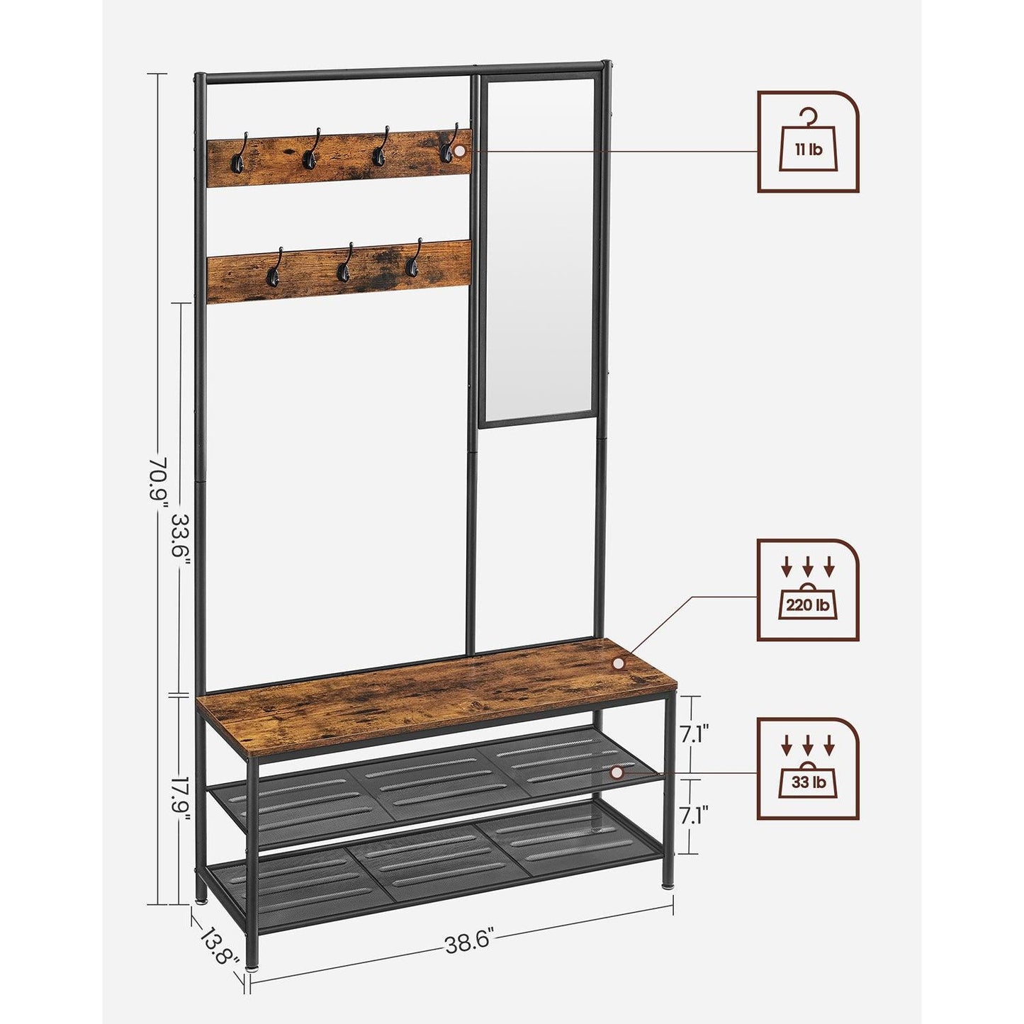 Coat Rack Shoe Bench with Mirror FredCo