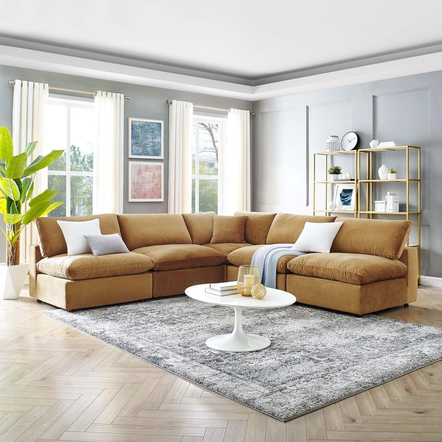 Commix Down Filled Overstuffed Performance Velvet 5-Piece Sectional Sofa, EEI-4822 FredCo