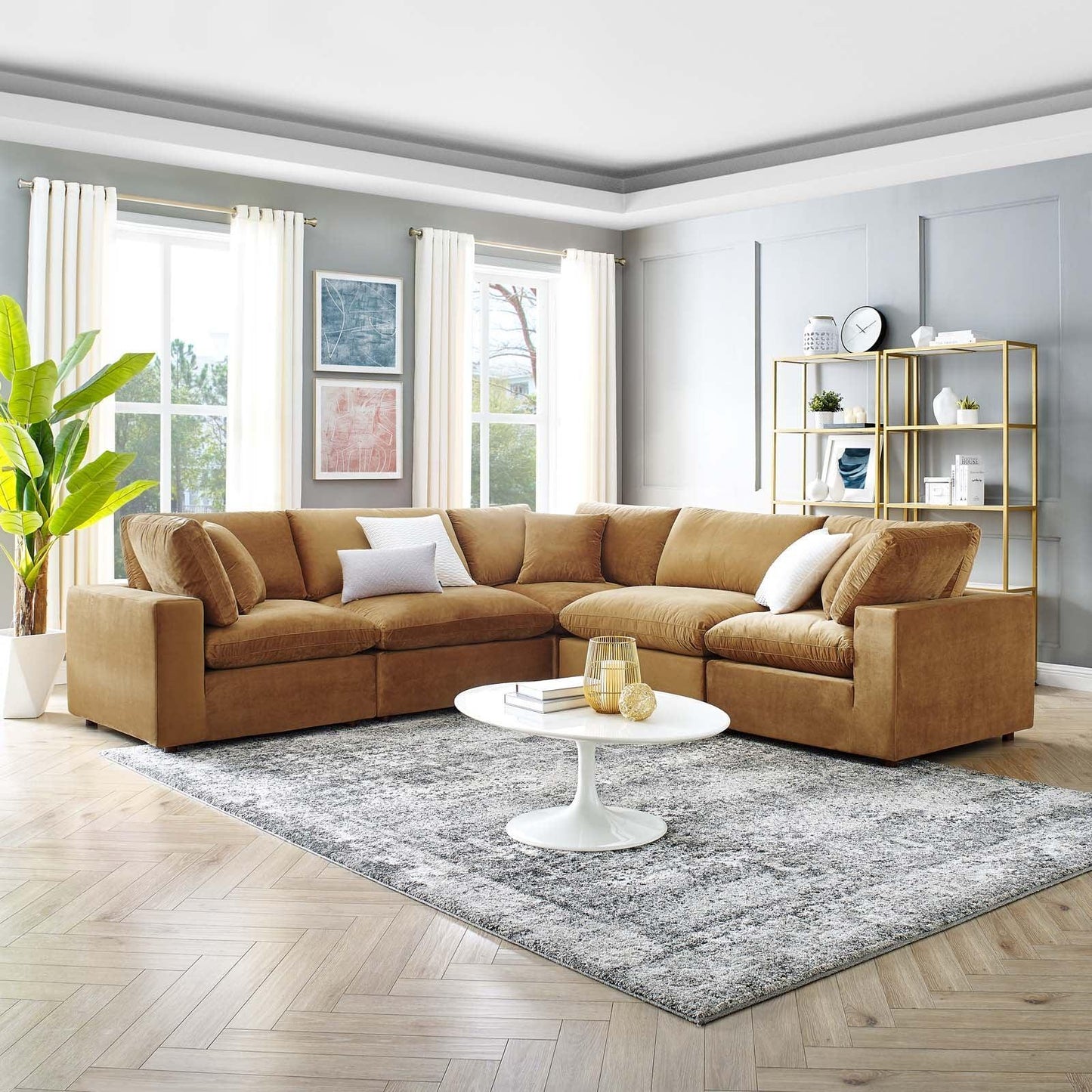 Commix Down Filled Overstuffed Performance Velvet 5-Piece Sectional Sofa, EEI-4823 FredCo