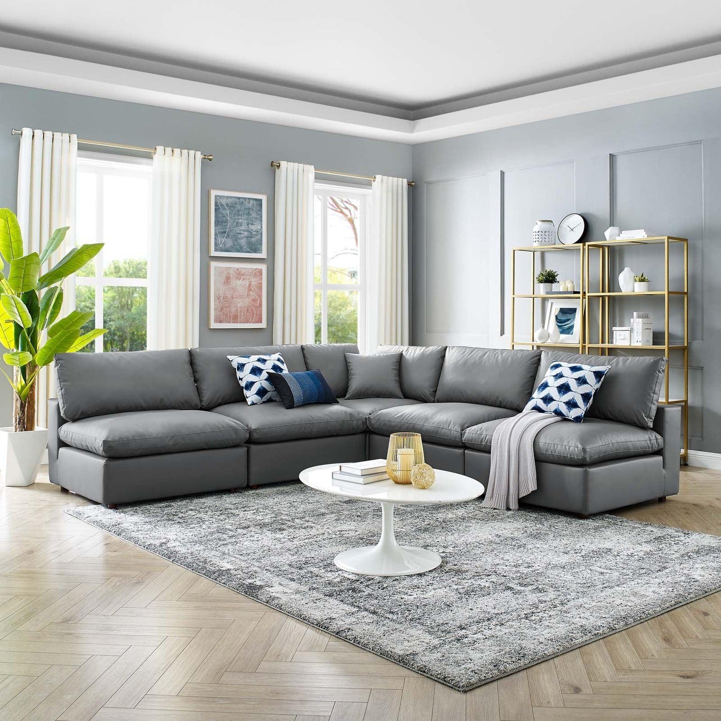 Commix Down Filled Overstuffed Vegan Leather 5-Piece Sectional Sofa, EEI-4919 FredCo
