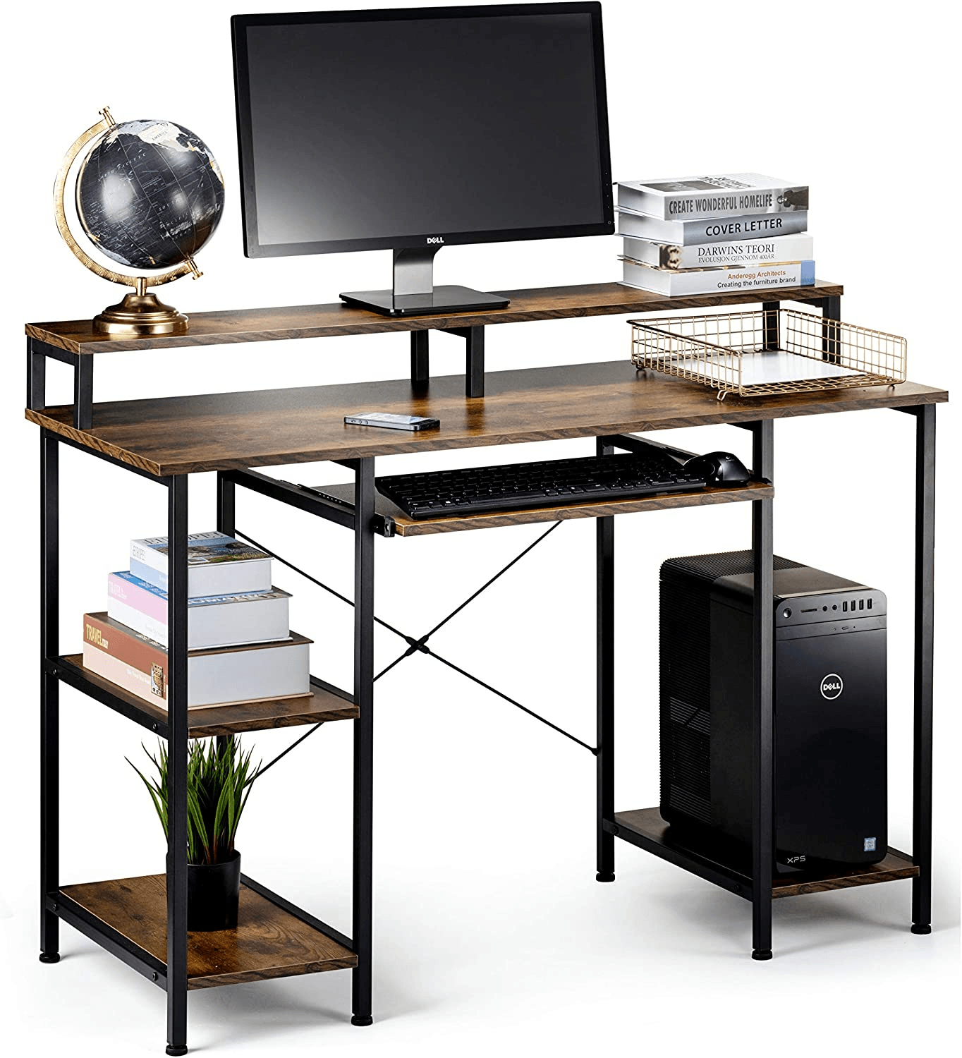 Computer Desk Storage Shelves, Keyboard Tray, Hutch Shelf Monitor Stand, 47 Inch Studying Writing Desk FredCo