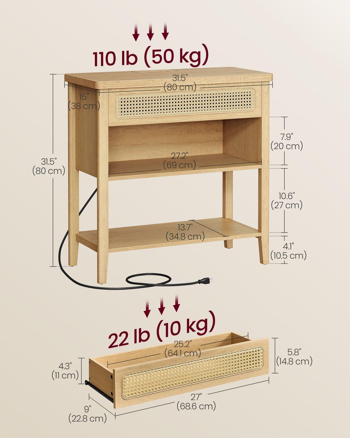Console Table with Power Outlets Oak Beige FredCo