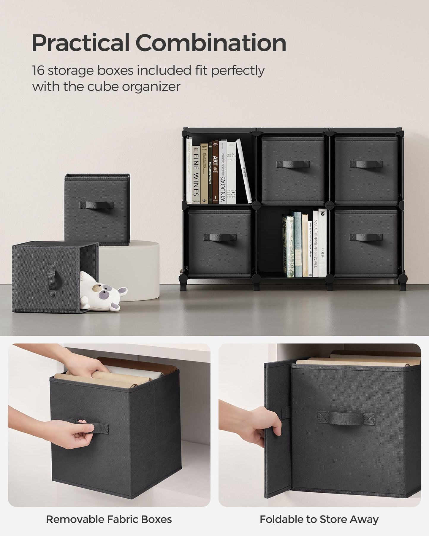 Cube Storage Organizer with 16 Boxes Ink Black and Dove Gray FredCo