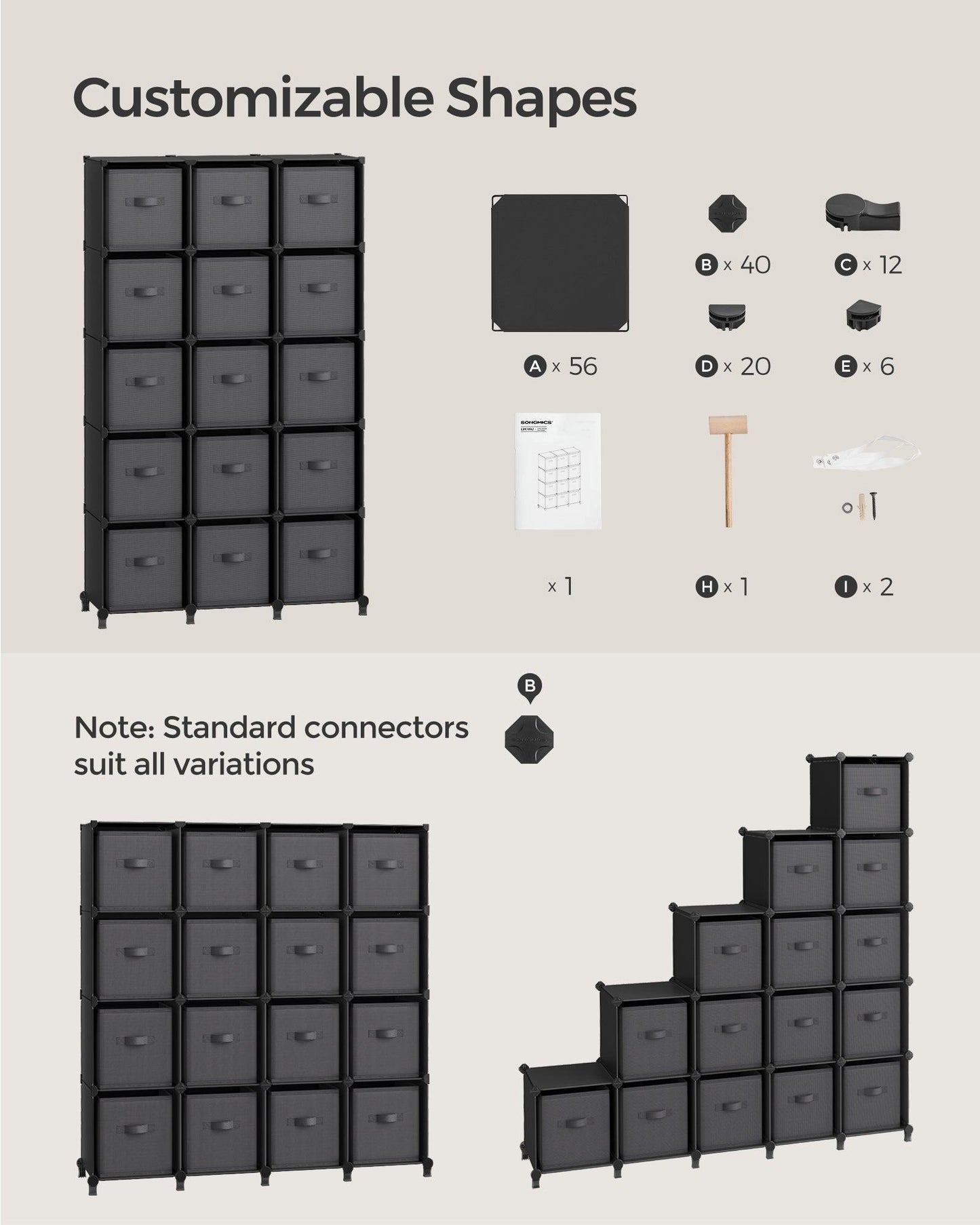 Cube Storage Organizer with 16 Boxes Ink Black and Dove Gray FredCo