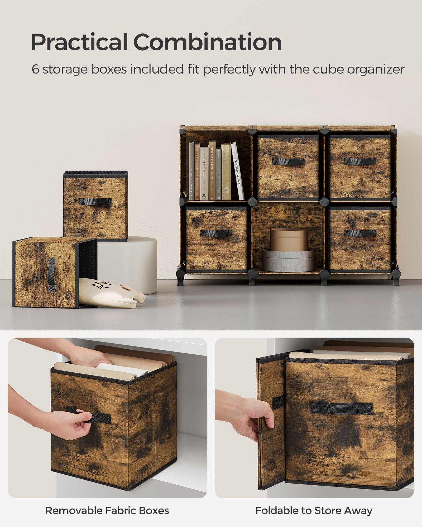 Cube Storage Organizer with 6 Storage Boxes Rustic Brown FredCo