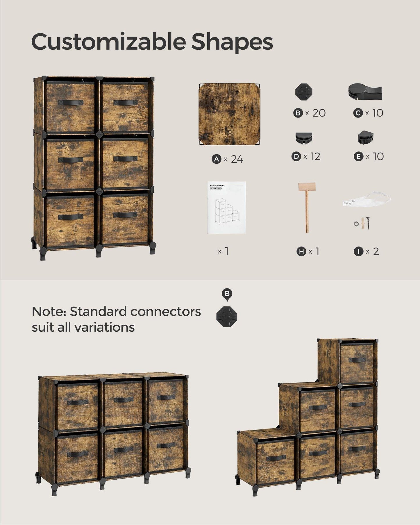 Cube Storage Organizer with 6 Storage Boxes Rustic Brown FredCo