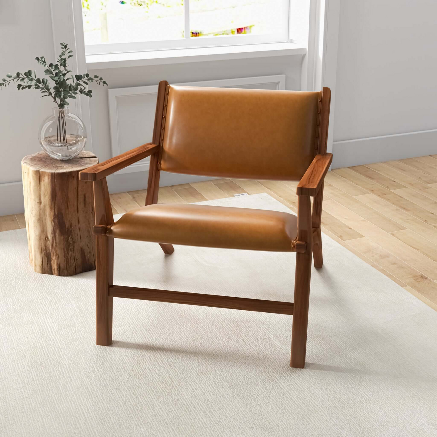Hendrix Antique Tan Leather Arm Chair Mid-Century Modern Style with Solid Wood Frame 32' L x 26' W x 28' H for Bedroom, Living Room, Hallway FredCo