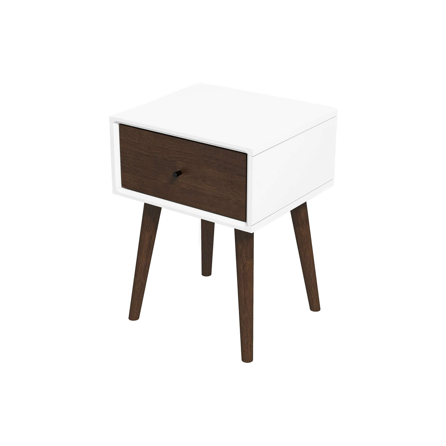 Mid-century modern nightstand with white frame and dark wood drawer from FredCo International